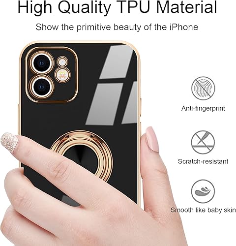 Miniatura 6 de Funda para iPhone 12 con soporte giratorio de 360 para el dedo, soporte magnético chapado en oro brillante, borde chapado en oro para mujeres y