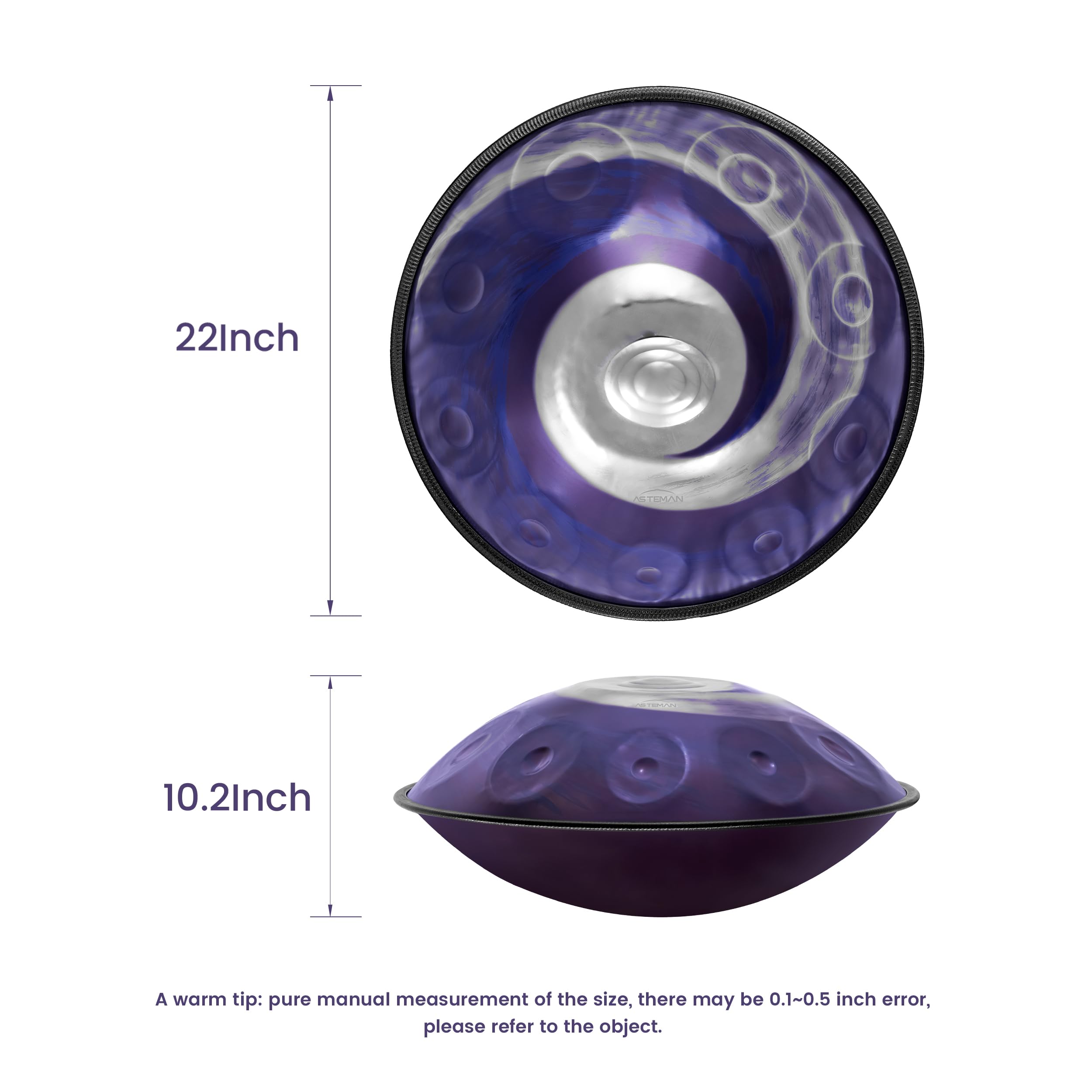 Handpan AS in Re minore, 440 Hz, 22 Pollici con 10 Note, Dotato di Zaino, corsi, Guaine per Le Dita, Supporto, Panno per la Pulizia e Due Bacchette.