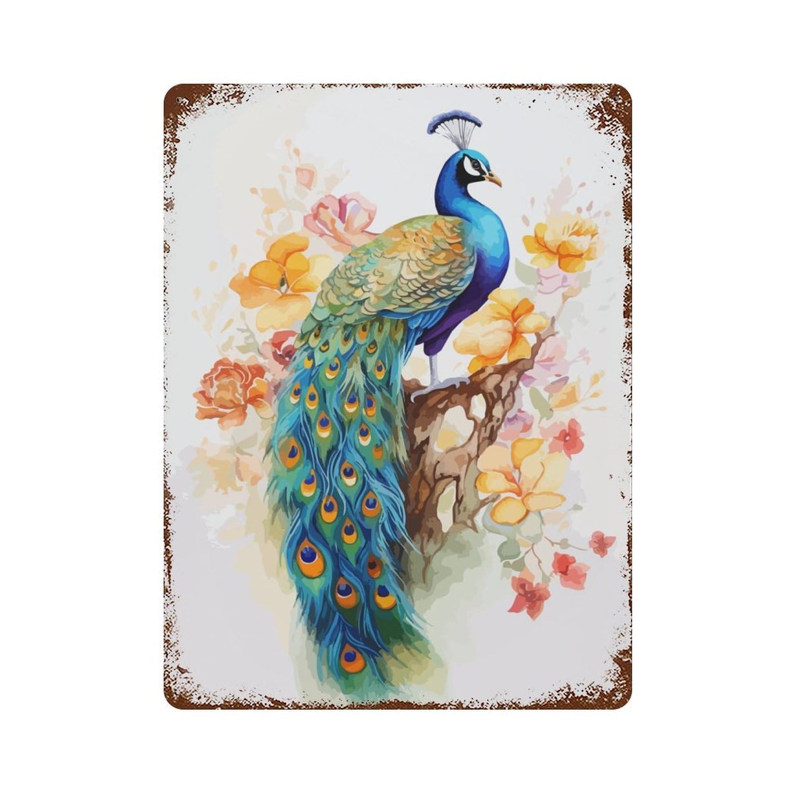 Sweet Peacock Watercolor Vintage Wall Sign 15.7"x11.8", Rust Effect Metal Decor for Basement, Hobby Room And Garage Decor