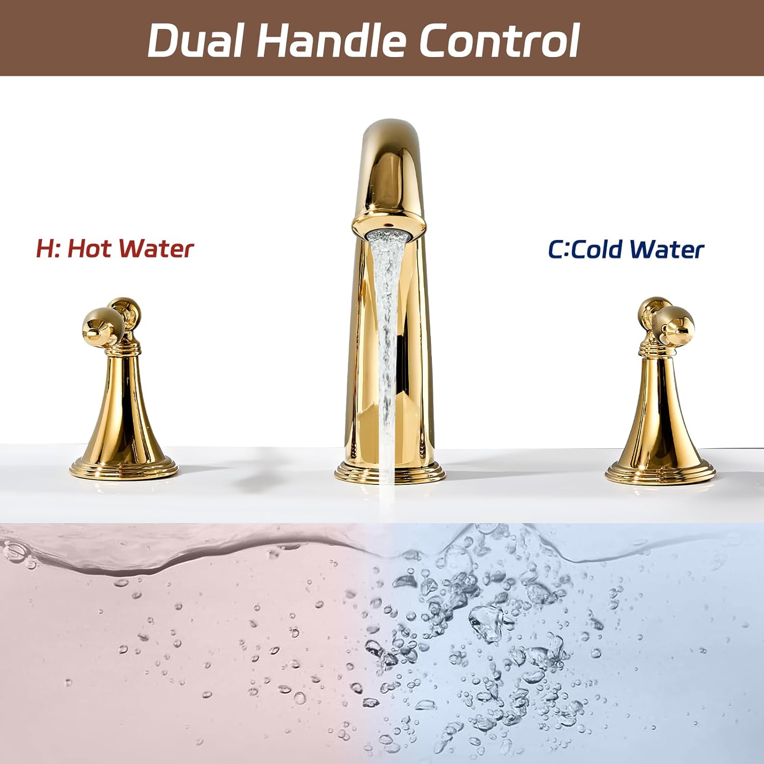 Gold Bathroom Faucet Widespread 3 Hole, 6–16 Inch Vanity Sink with 2 Handles, Drip-Free Ceramic Disc Valve, Solid Brass, Push Pop-Up Drain Assembly Included - Image 2