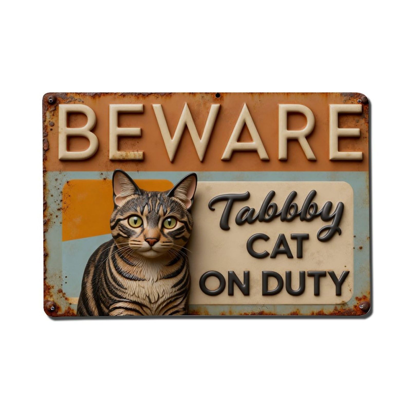 Beware Tabby Cat On Duty Metal Tin Sign Plaque
