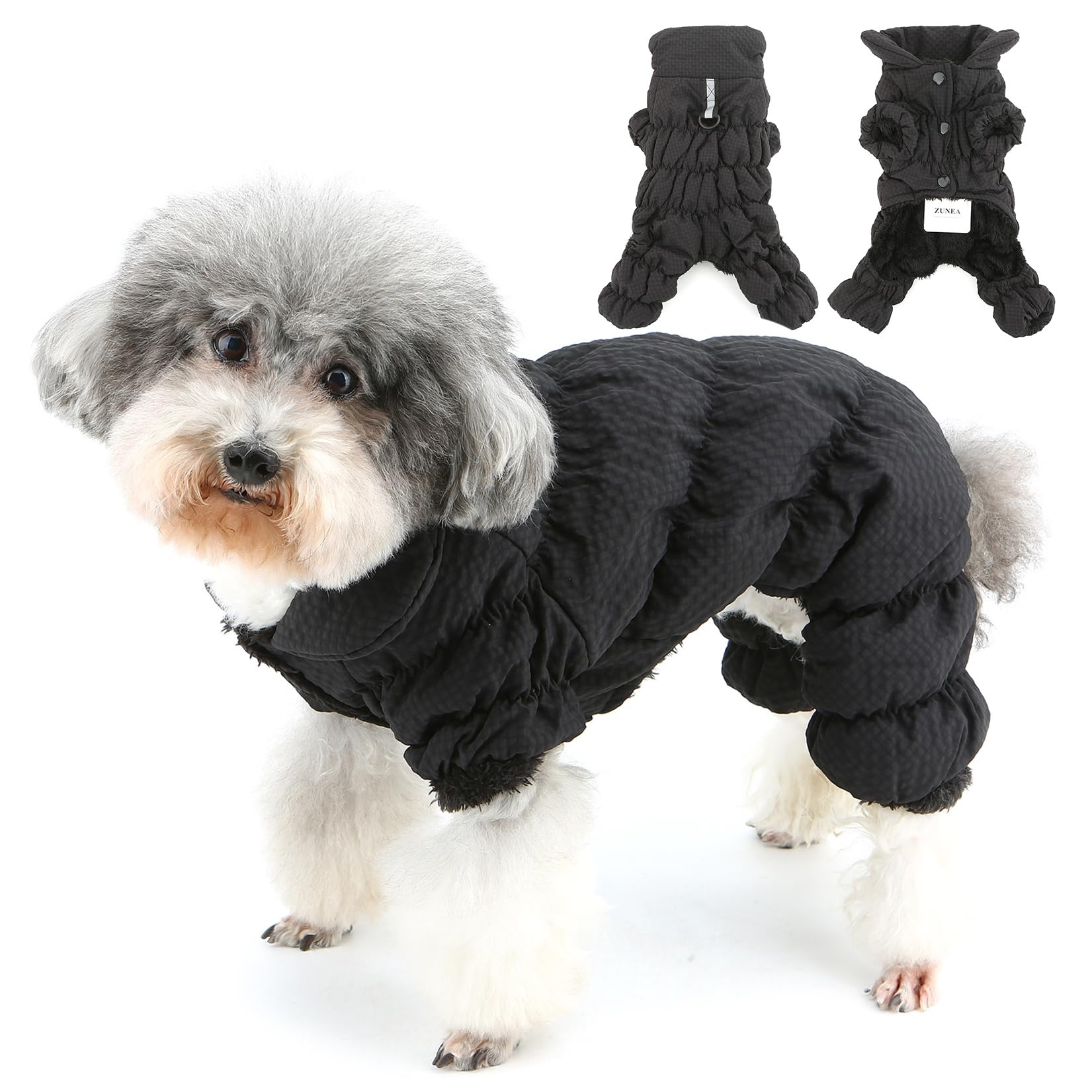 Zunea Waterproof Dog Winter Coats Fullbody Puppy Snowsuit Fleece Lined Down Jacket Coat with Leash Ring Reflective Cold Weather Snow Jumpsuit Pet Apparel Outfits for Extra Small/Small Dogs Black XL