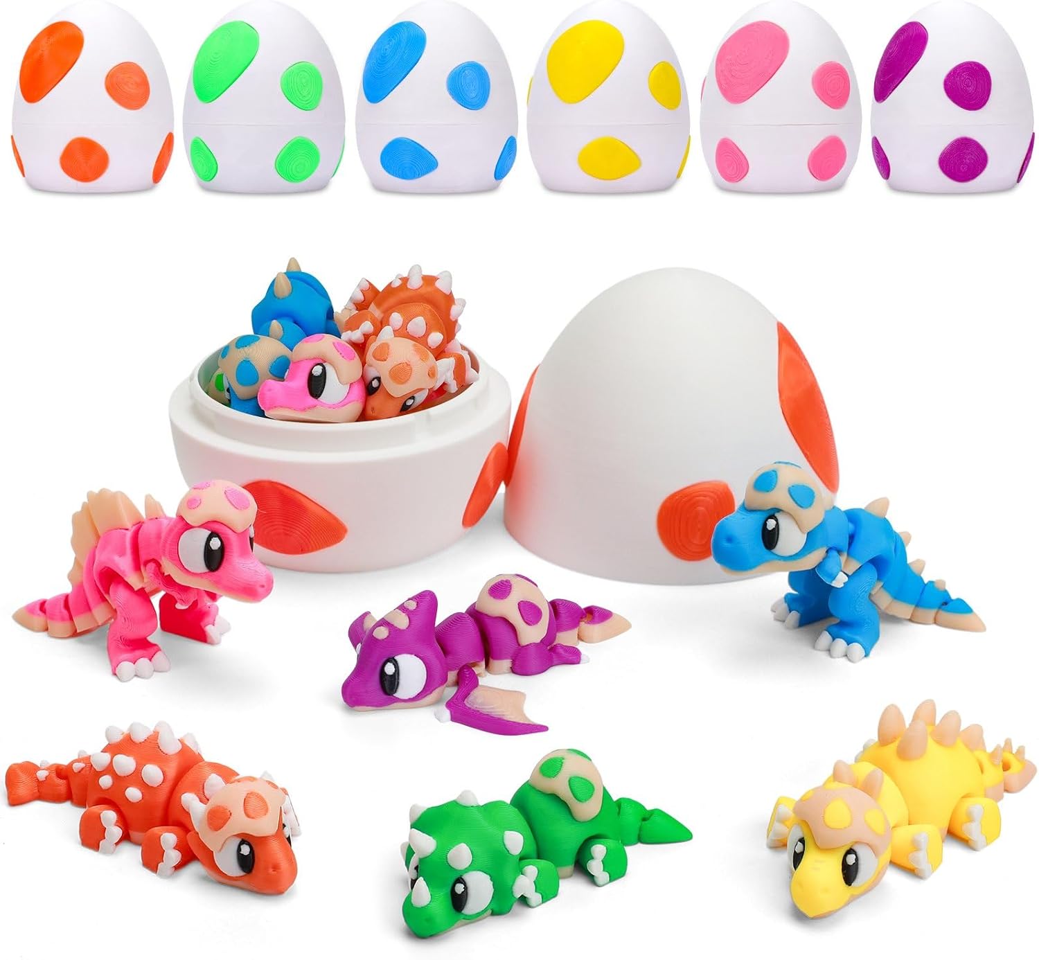 6PCS 3D Printed Dinosaur with Dragon Egg, Mini 3d Printed Animals, Articulated figurines Fidget Toys, Pocket Pets Bulk ,Party Favors, Easter Basket Stuffer, Desktop Ornament (Dinosaur Eggshell)