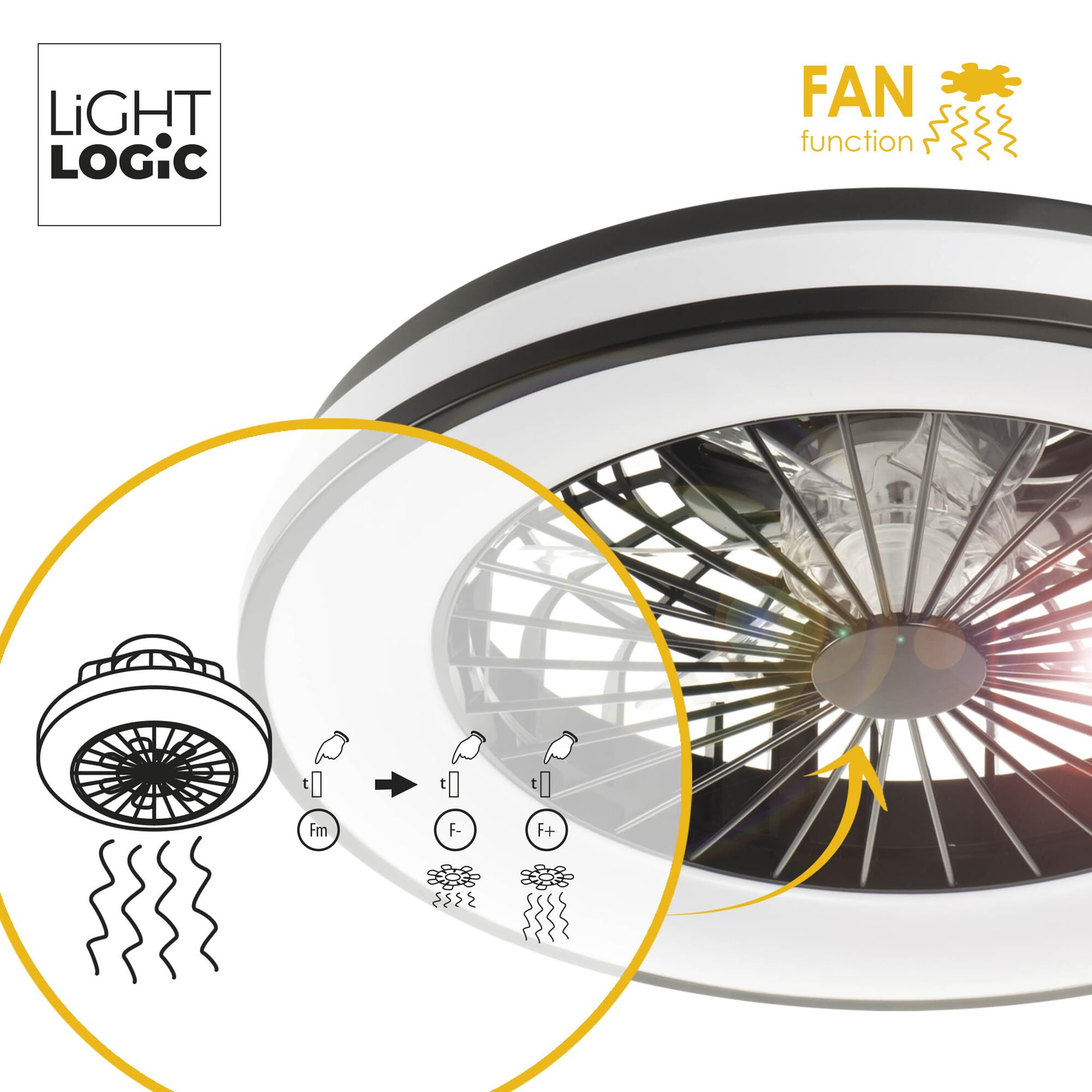 Led Lampe mit Ventilator Ø 48.5 cm, Deckenventilator RGB mit Fernbedienung, Nachtmodus & Timer – 48W, 3000–6500K, Schwarz/Weiß