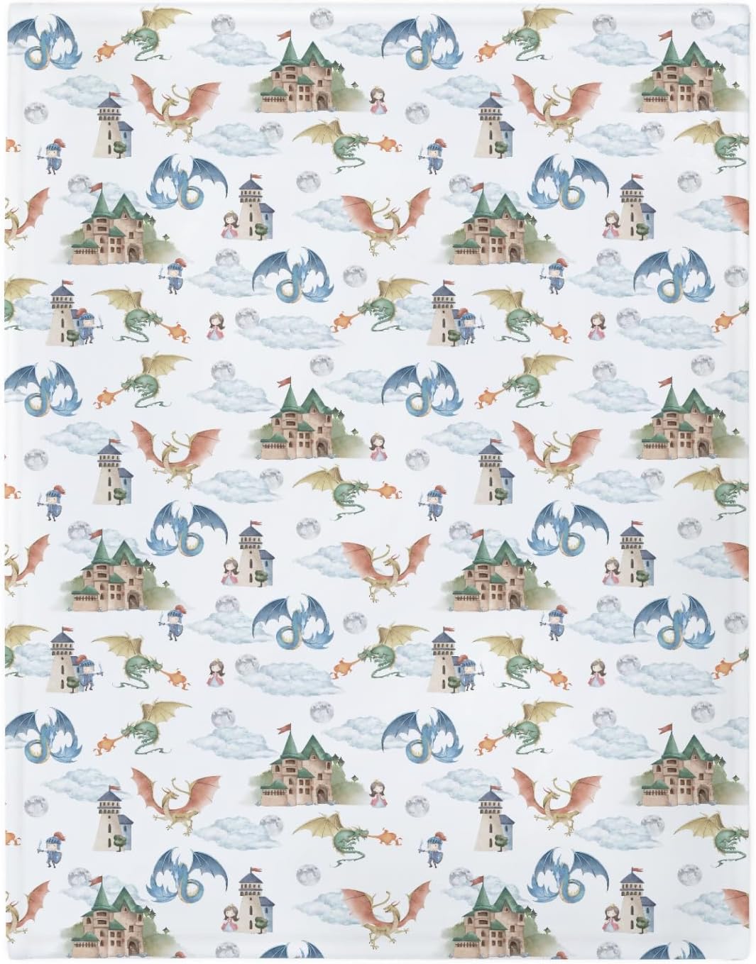 Fairytale Dragon and Knights Baby Blankets for Boy Girl Fantasy Dragons Princess Castle Soft Flannel Nursery Bed Blankets for Infant Toddler Crib Stroller Moon Clouds Swaddle Receiving Blanket 40x50