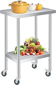 Stainless Steel Table, 14" x 24" Prep Workstation, 1000 LBS, NSF Commercial Work Table with Adjustable Undershelf and Lockable Casters, for Restaurant, Home, Kitchen, Hotel, Outdoor