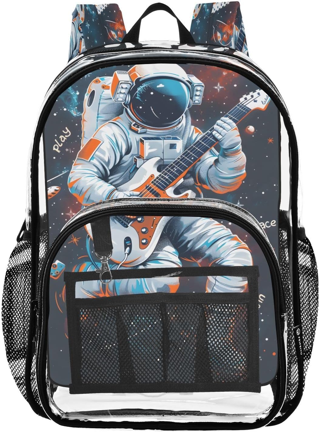 Astronaut Guitar Clear Backpack Heavy Duty See Through Transparent PVC BookBag for Kids Boy Girl Adult School Work