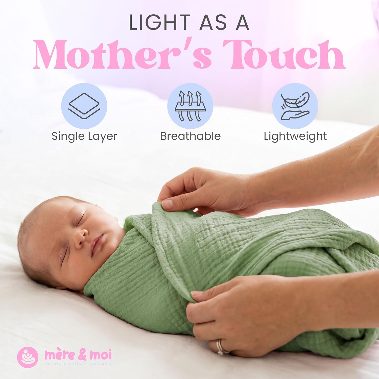 Mère & Moi: Muslin Baby Blanket – 2 Pack, Light Green & Cream - 40x36", Double Layer Cotton Swaddle, Lightweight-Breathable, Oeko-TEX, Newborn-Toddler