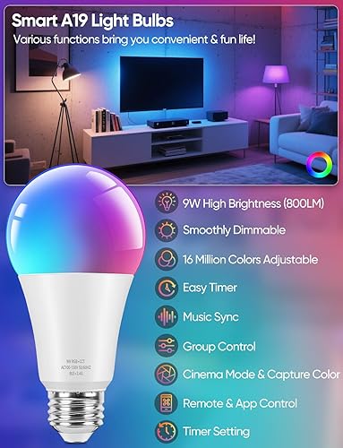 Miniatura 4 de Brightever Bombillas LED inteligentes A19, equivalente a 60 W, 800 lúmenes, cambio de color, bombillas Bluetooth E26 de 9 W con control remoto, 16