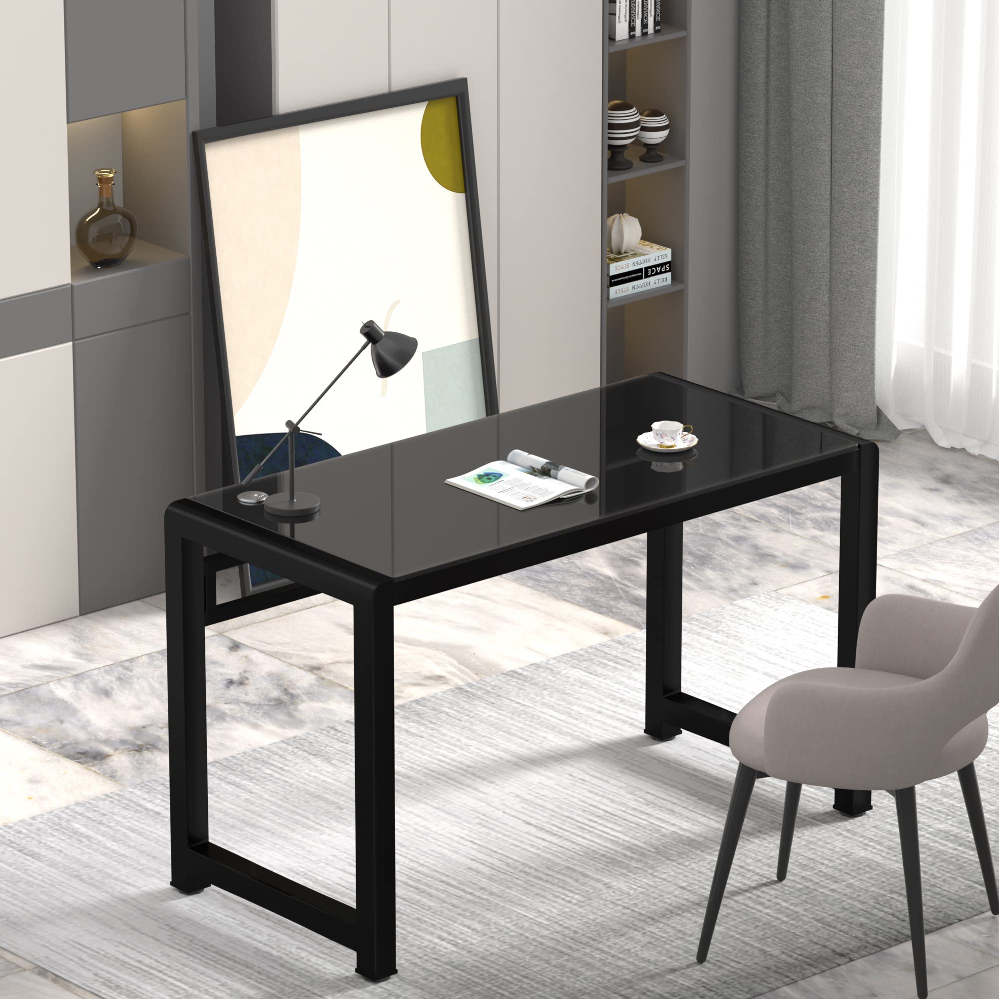 Escritorio profesional con parte superior de vidrio templado, escritorio para computadora de estudio de 47.25 pulgadas, escritorio moderno para oficina en casa, estación de trabajo estable, 3