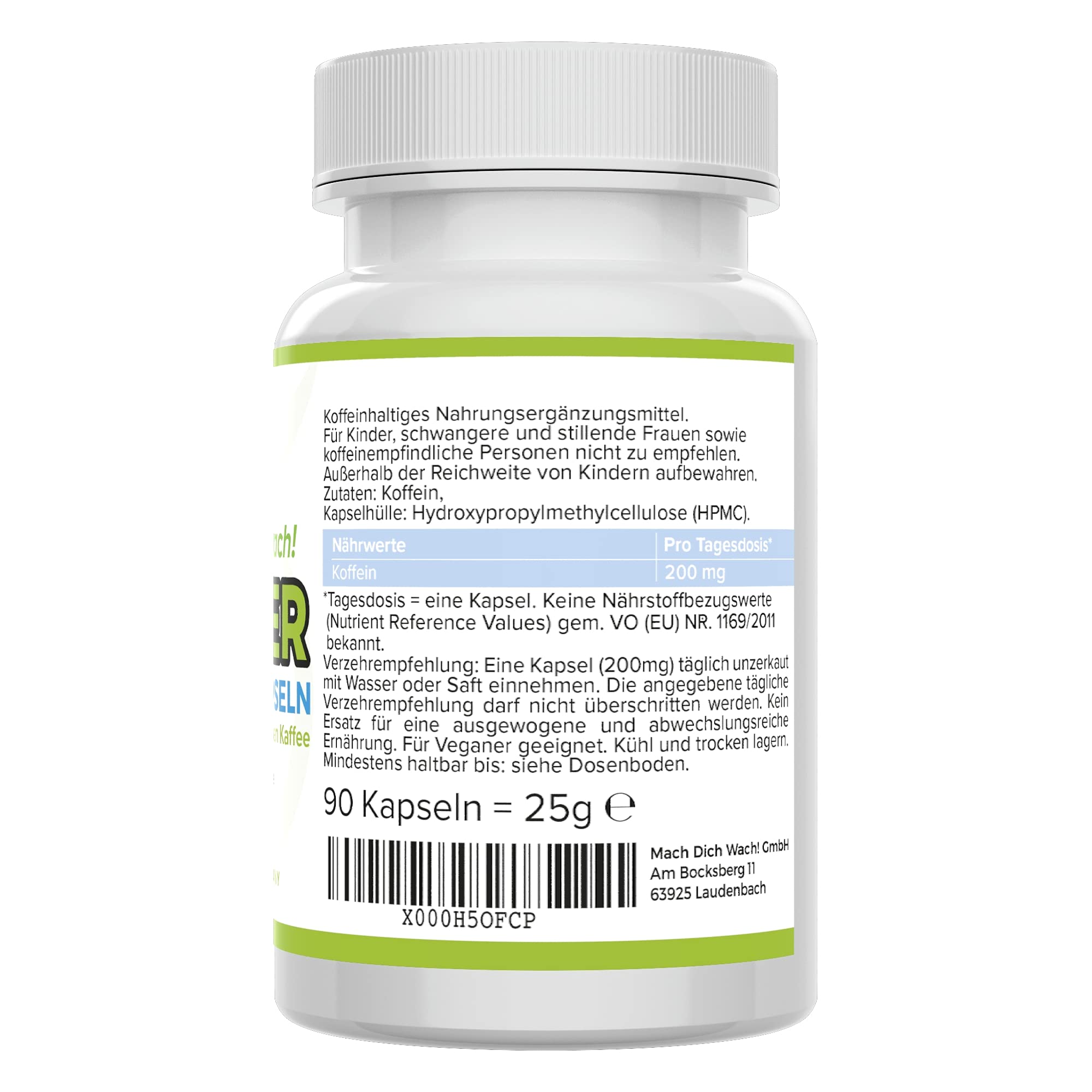 Koffein Kapseln - hochdosiert 200 mg - Produktion in Deutschland - bioaktiv & vegan - ohne Zusatzstoffe & laborgeprüft - kleine Kapseln statt Koffeintabletten - für Konzentration - Mach dich wach!®