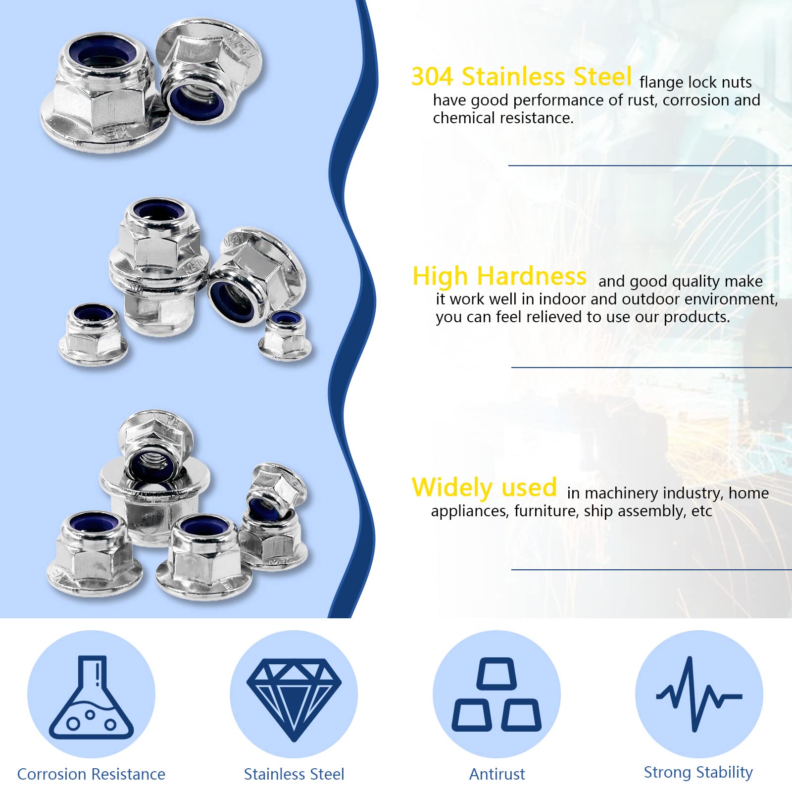 Glarks 15Pcs M4 304 Stainless Steel Hex Flange Nut Nylon Insert Lock Nuts, Bright Finish For Furniture Machinery Industry Fasteners