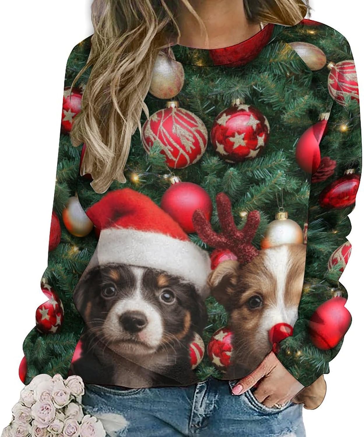 MARSVOVO Ugly Christmas Sweatshirt Women Funny 3D Cat Dog Animal Graphic Merry Christmas Cute Pullover Tops For Women