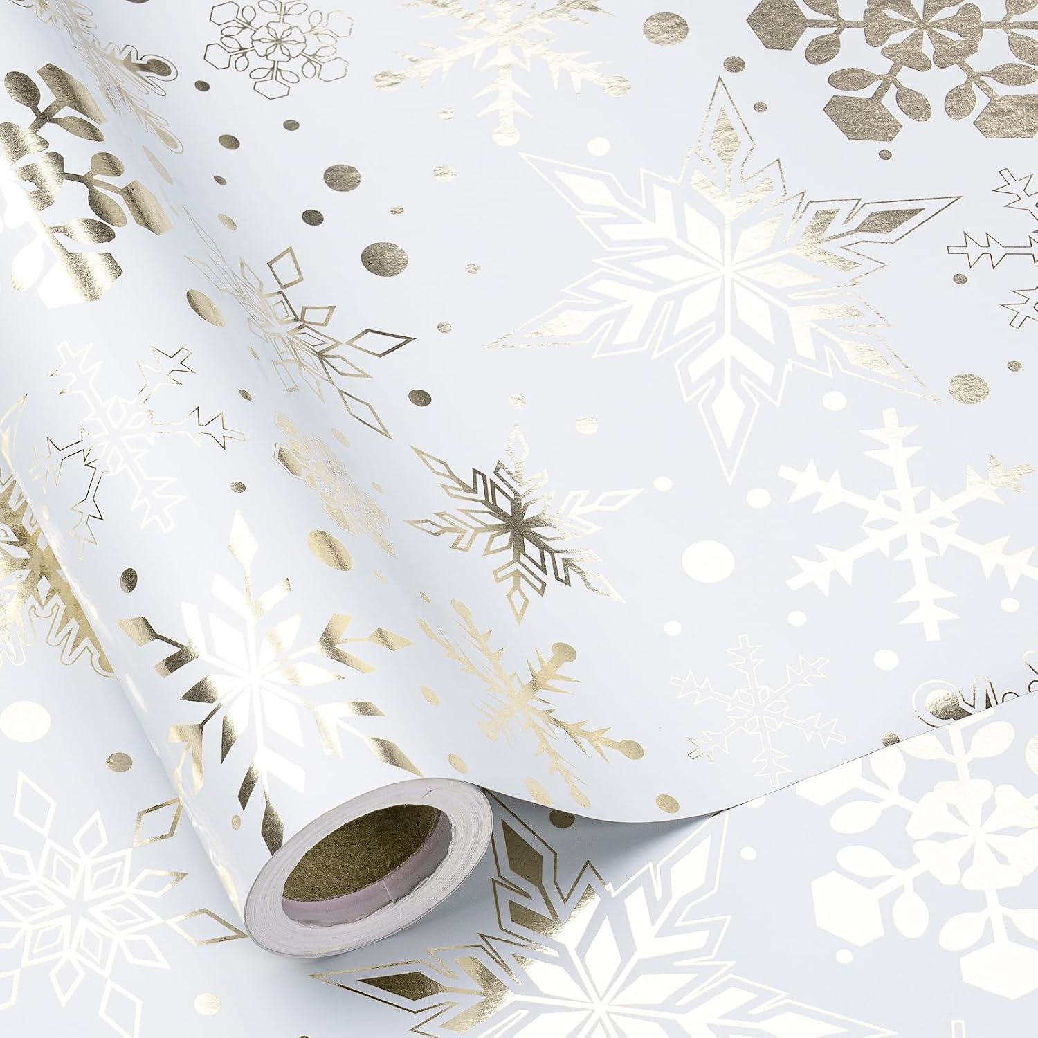 RUSPEPA Gold Foil Snowflake Christmas Wrapping Paper Roll, Mini Roll, Elegant Gold and White Snowflake Design Gift Wrap Paper, Perfect for Holiday Gifts, Christmas Party, 17 Inches x 32.8 Feet Gold Foil Snowflake White 17 in x 32.8 ft