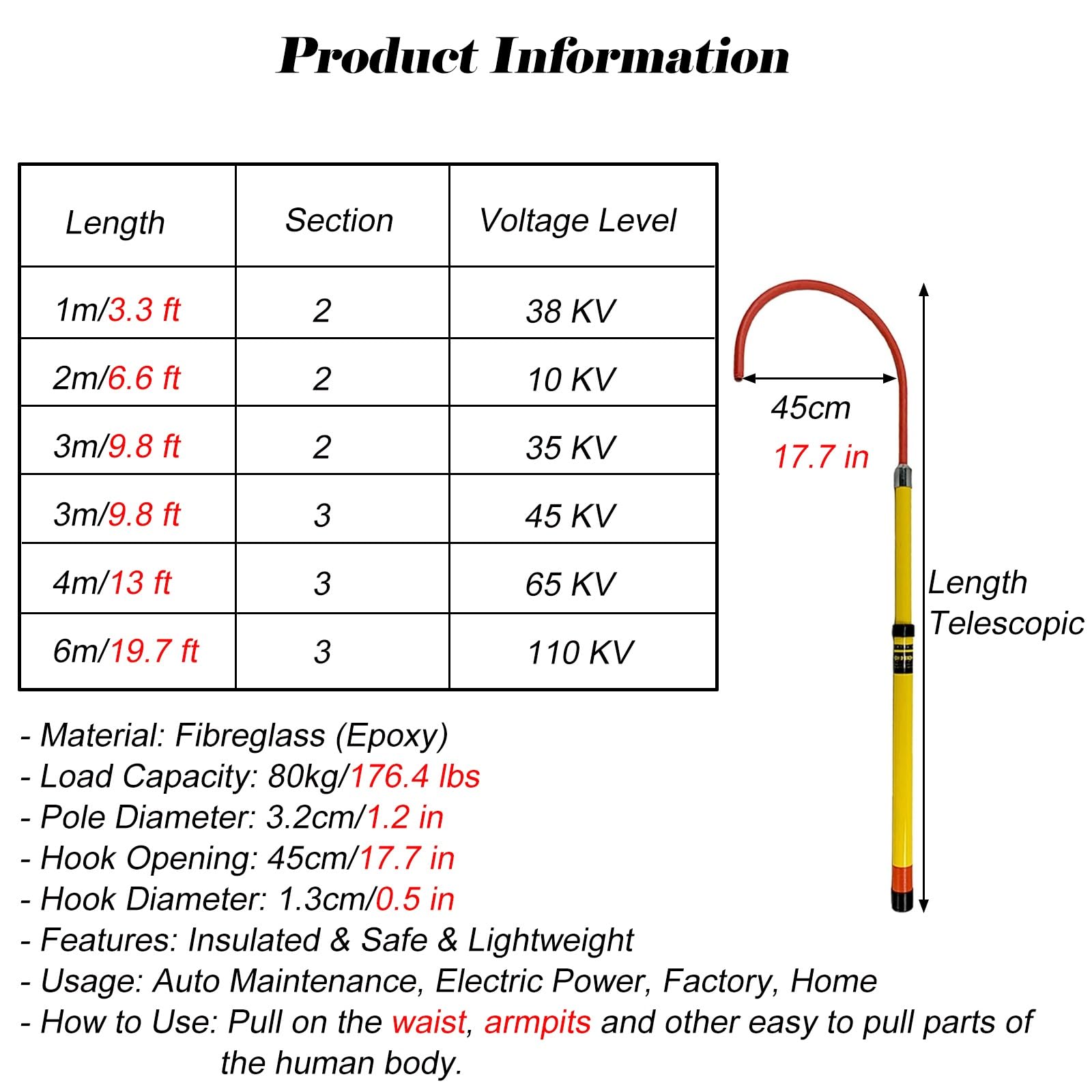 MZZKFC Fibreglass Electrocution Rescue Hook, 1 2 3 4 6 M Insulated Rescue Hook with Non-Slip Handle, Live Line Working Insulated Life-Saving Tools Opening 17.7 in(39.4