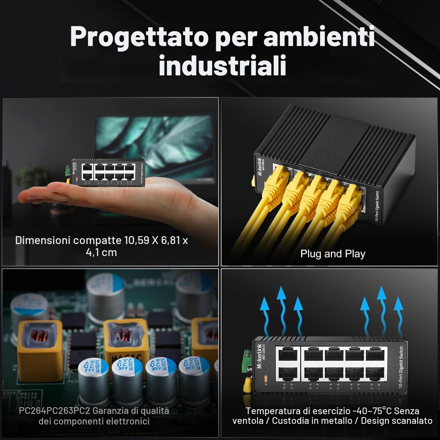 MokerLink Switch Ethernet industriale DIN-Rail Ethernet a 10 porte, switch di rete IP40 non gestito (da -40 a 185 °F), formato mini, con alimentatore