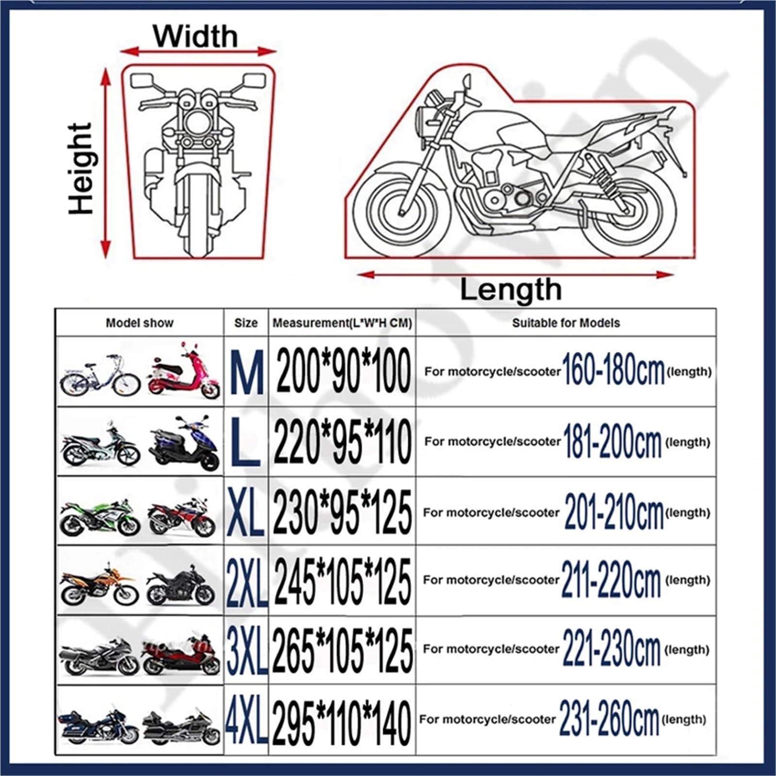 Housse de moto imperméable, anti-poussière, protection UV, toutes saisons, pour moto, scooter, pluie (tout argenté, taille 4XL pour 2300-2600 mm)