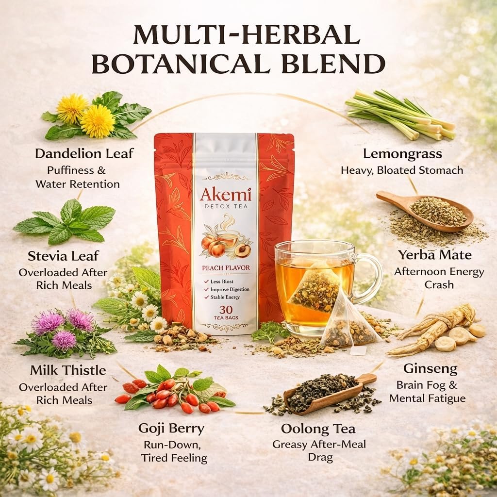 Akemi Detox Tea, Liver & kidney Detox Tea With Dandelion herbal Tea Goji Berries Ginseng Milk Thistle, Yerba Mate, Oolong, stevia leaf, Peach Flavor 30Bags