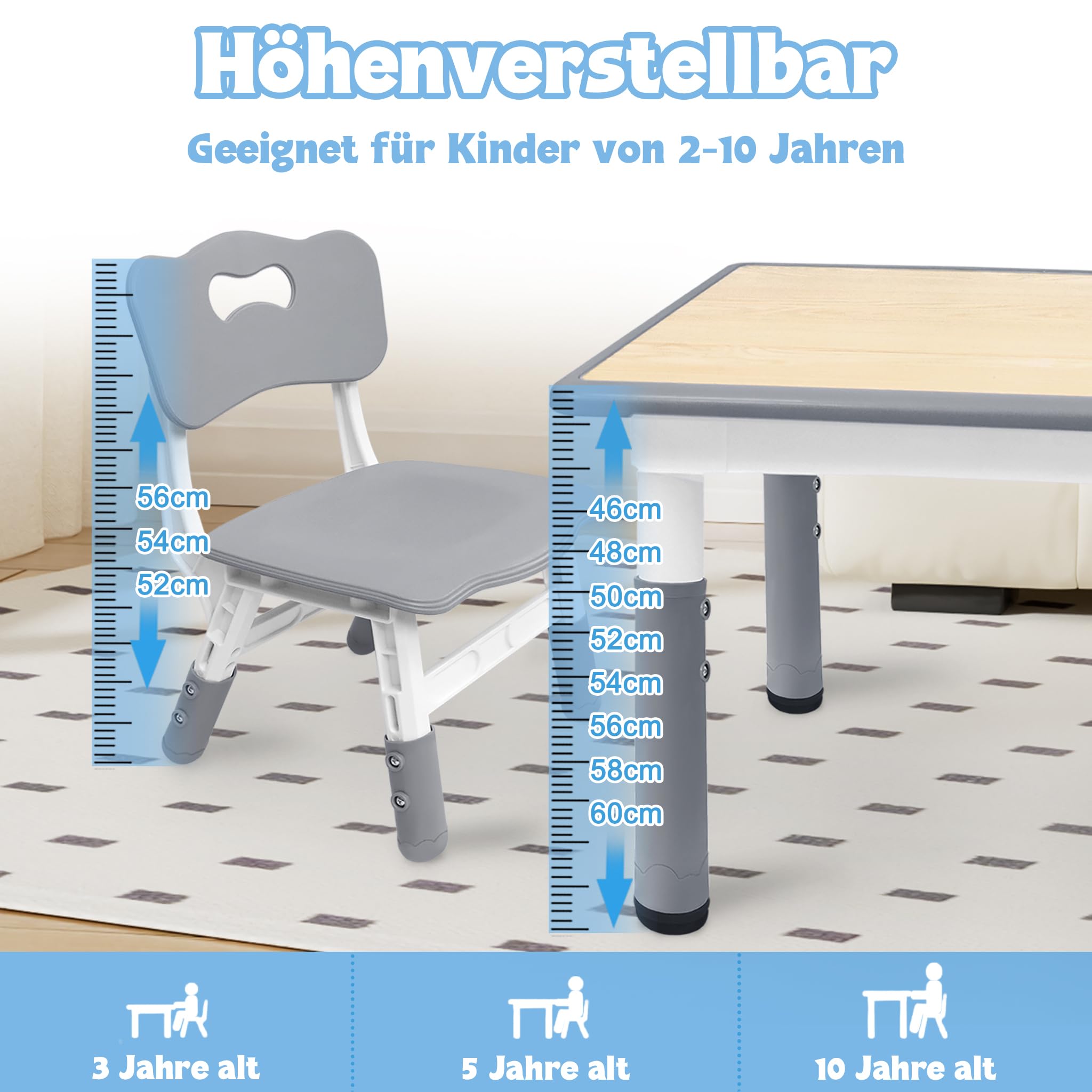 MAMIZO Kindertafel met 4 stoelen, in hoogte verstelbaar, tafelstoelset voor kleuterschool en kinderkamer, plastic kindermeubels, zitgroep voor jongens en meisjes vanaf 2 jaar, blauw