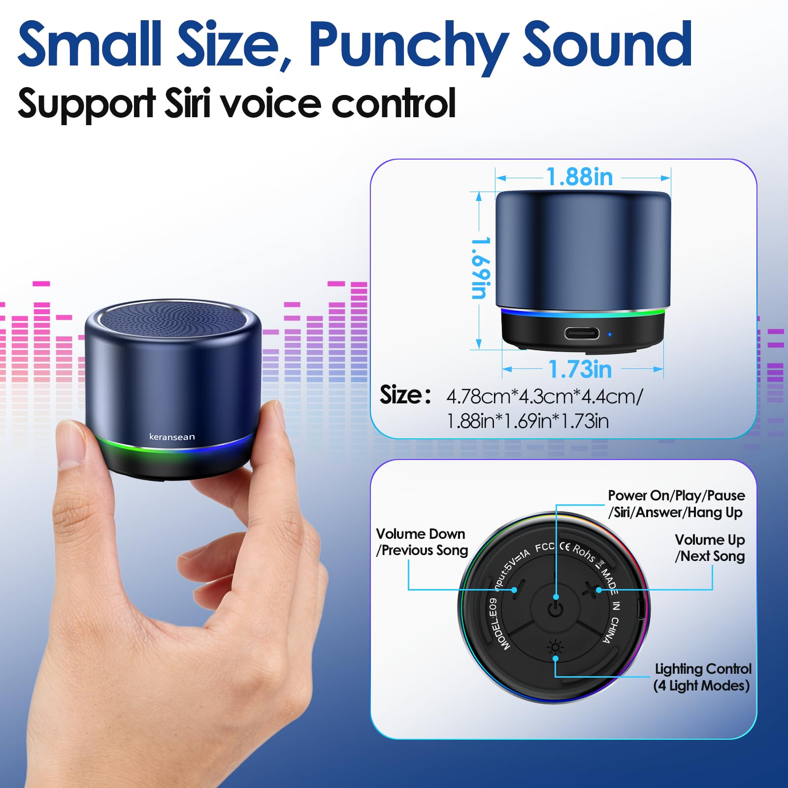 Pequeño altavoz Bluetooth con luces, BT5.4, batería de 12 horas de duración y micrófono de reducción de ruido, altavoz inalámbrico portátil azul para el hogar, camping y aventuras al aire