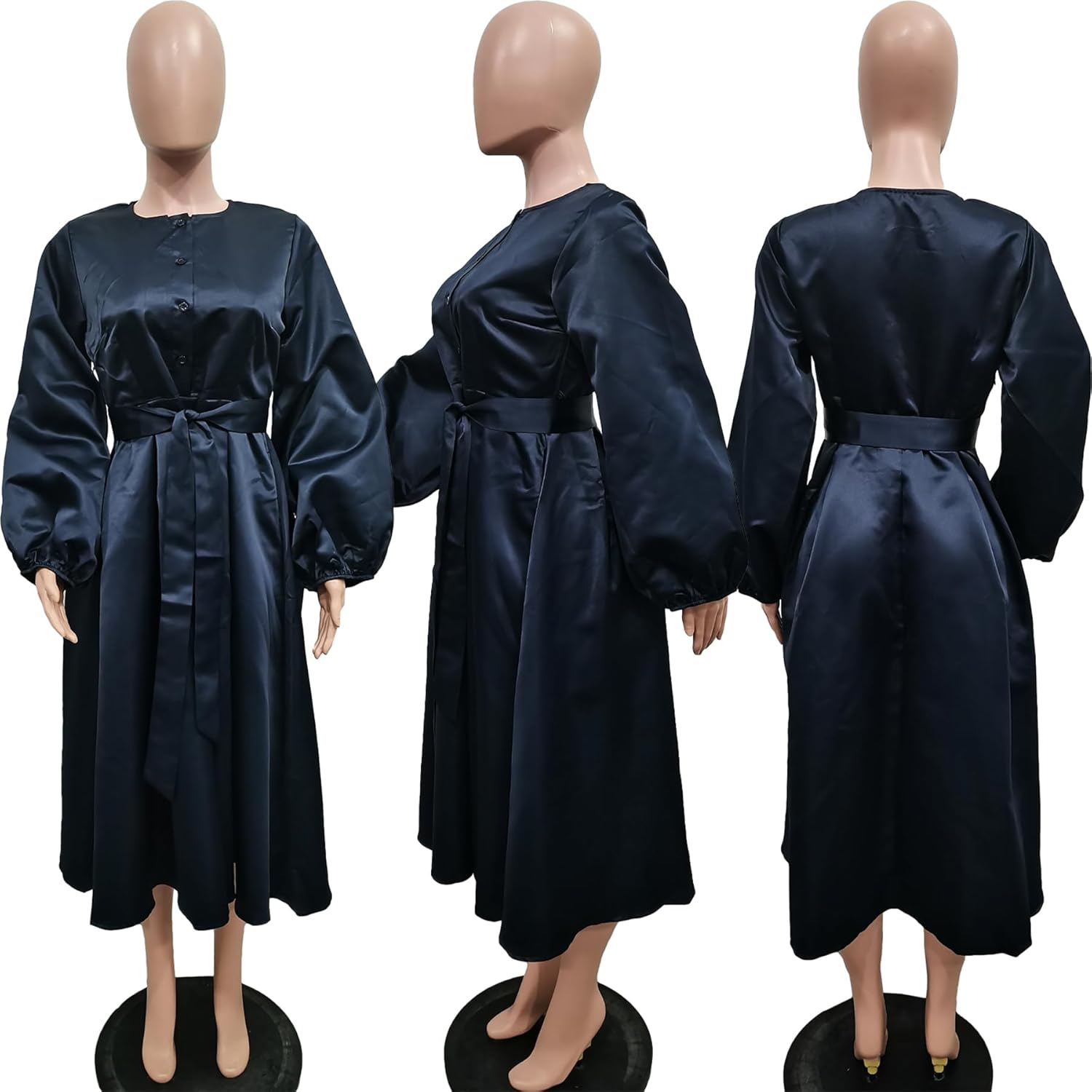 YOOTIKO Women Long Sleeve Satin Dress Button Flowy A Line Formal Cocktail Babydoll Dress with Belt - Image 5