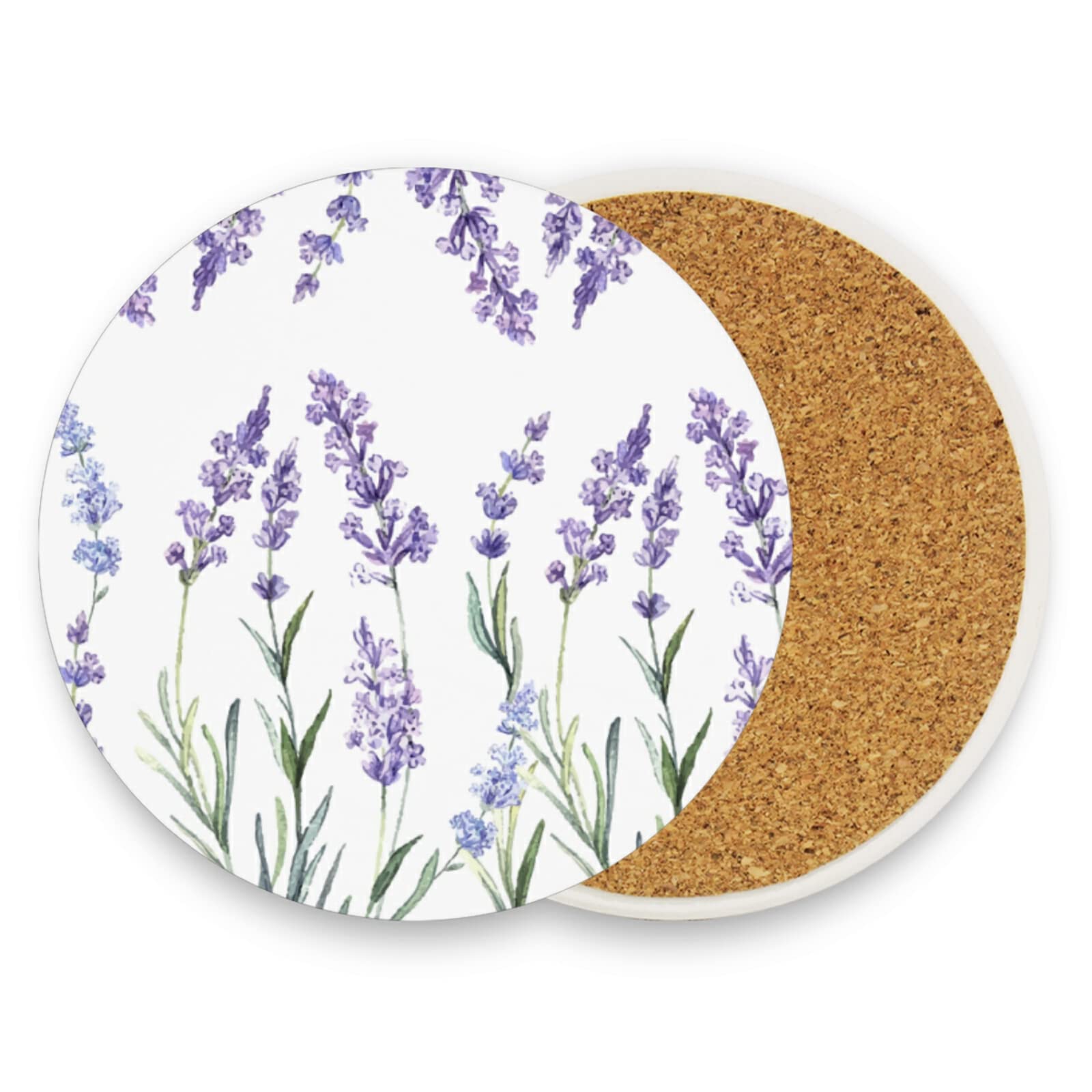 Poeticcity Purple,White Seamless Watercolor Purple Lavender Flowers On White 1 Pc Ceramic Mug Coaster For Drinks, Stone Coasters Holder With Cork Base, Oversize Cup Mat Pad For All Mugs, Housewarming Gift