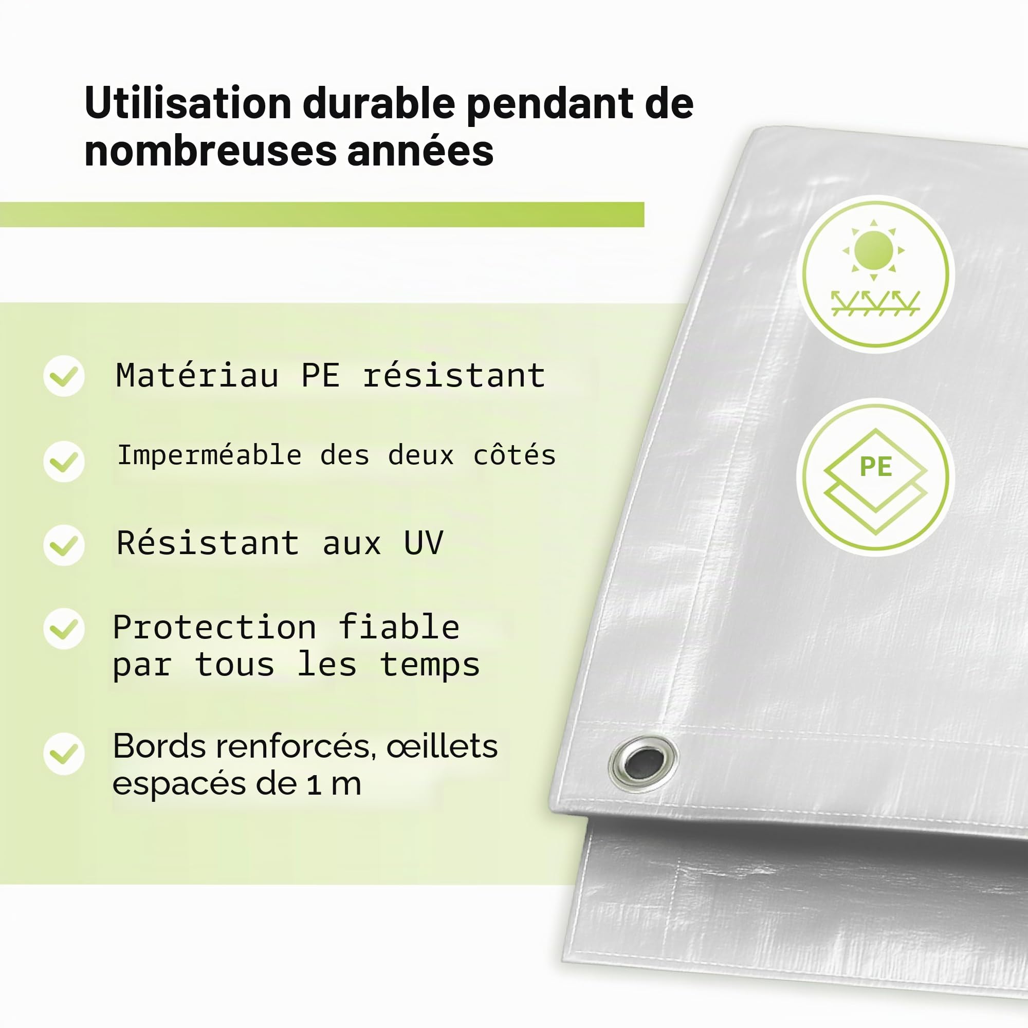 Bâche en tissu Professional Line 180 g/m² blanc, 3 m x 4 m = 12 m², 24 tailles différentes au choix. Bâche de protection pour bateau, bâche en bois, avec œillets, pour pool, meubles de jardin,
