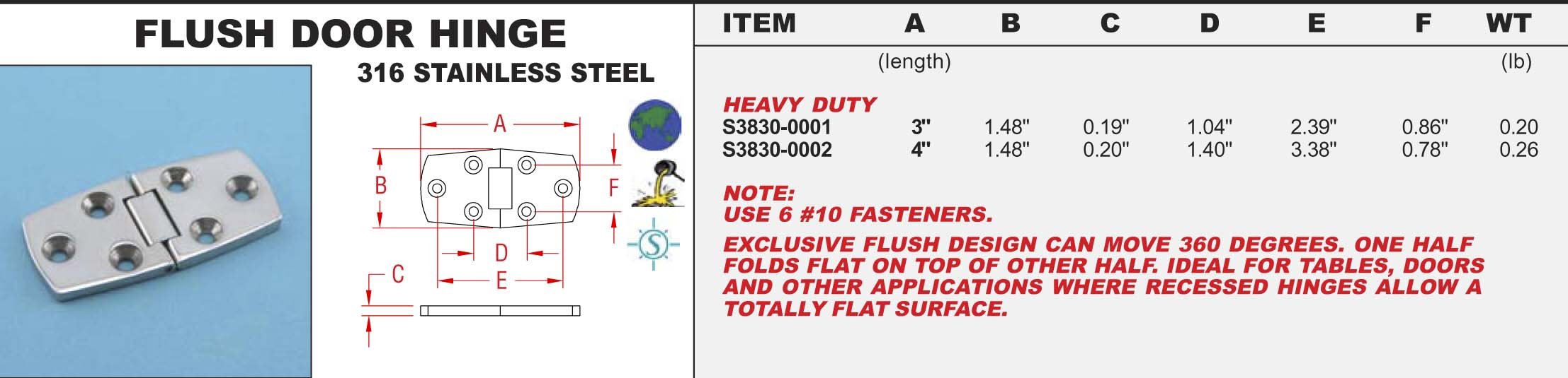 SuncorSTAINLESS S3830-0001 INC Suncor flush door hinge