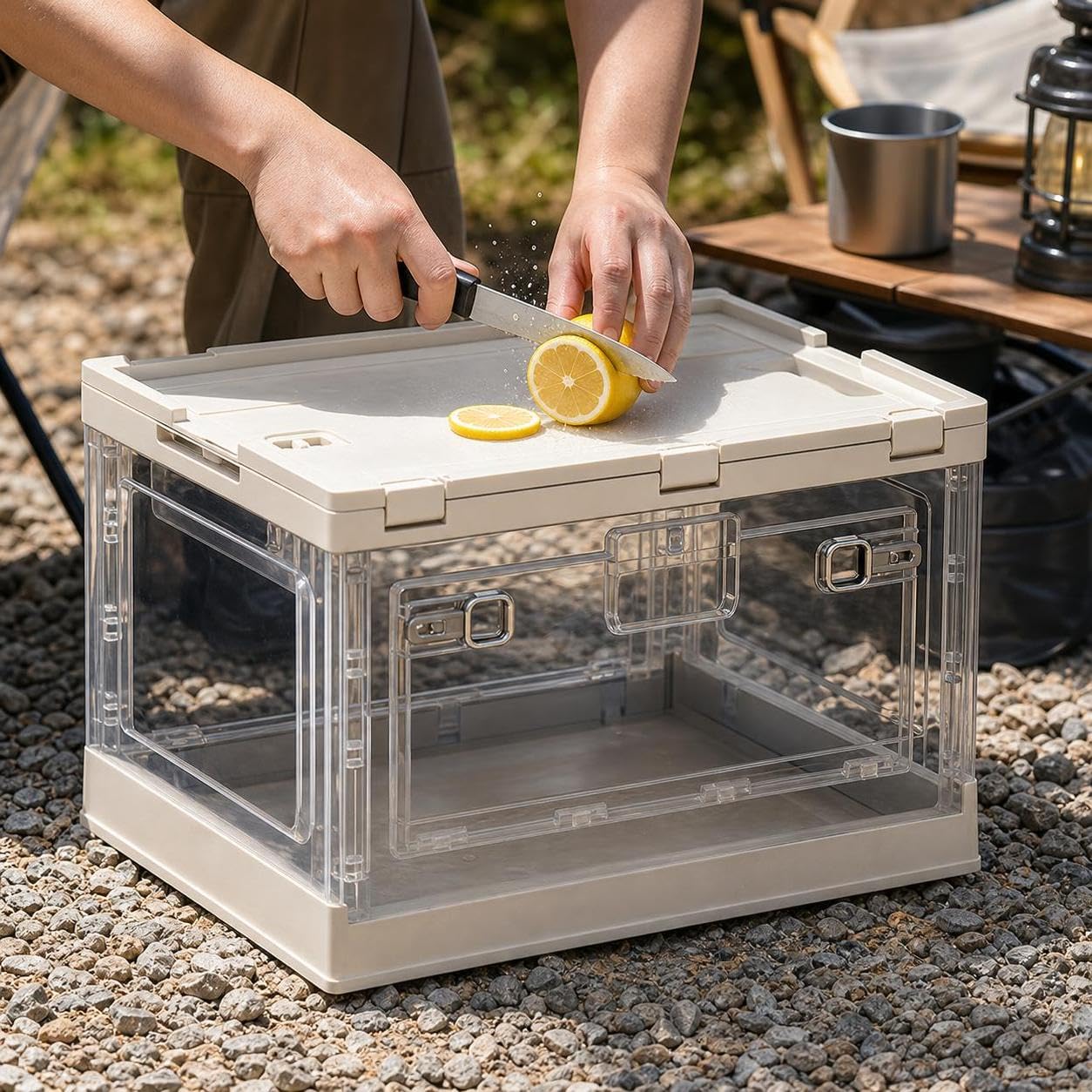Faltbare Aufbewahrungsbox 50 l Camping, Holzdeckel, Milchkaffee