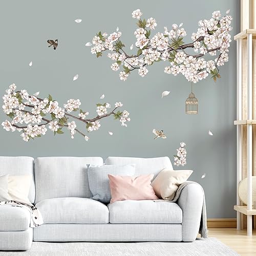 Miniatura 3 de decalmile Calcomanías de pared de ramas de árbol de flores grandes, flores blancas, pájaros florales, calcomanías de pared para sala de estar,