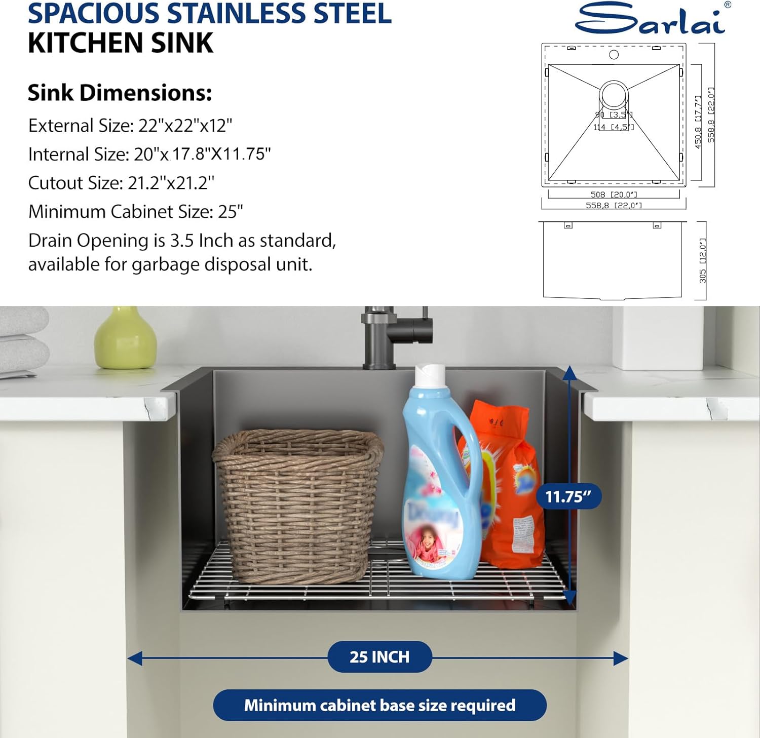 Sarlai Laundry Sink - Drop In 22"x22"x12" Deep Black Laundry Utility Sink Drop-in Topmount Single Bowl Sink 16 Gauge Stainless Steel Gunmetal Black Kitchen Laundry Room Sinks