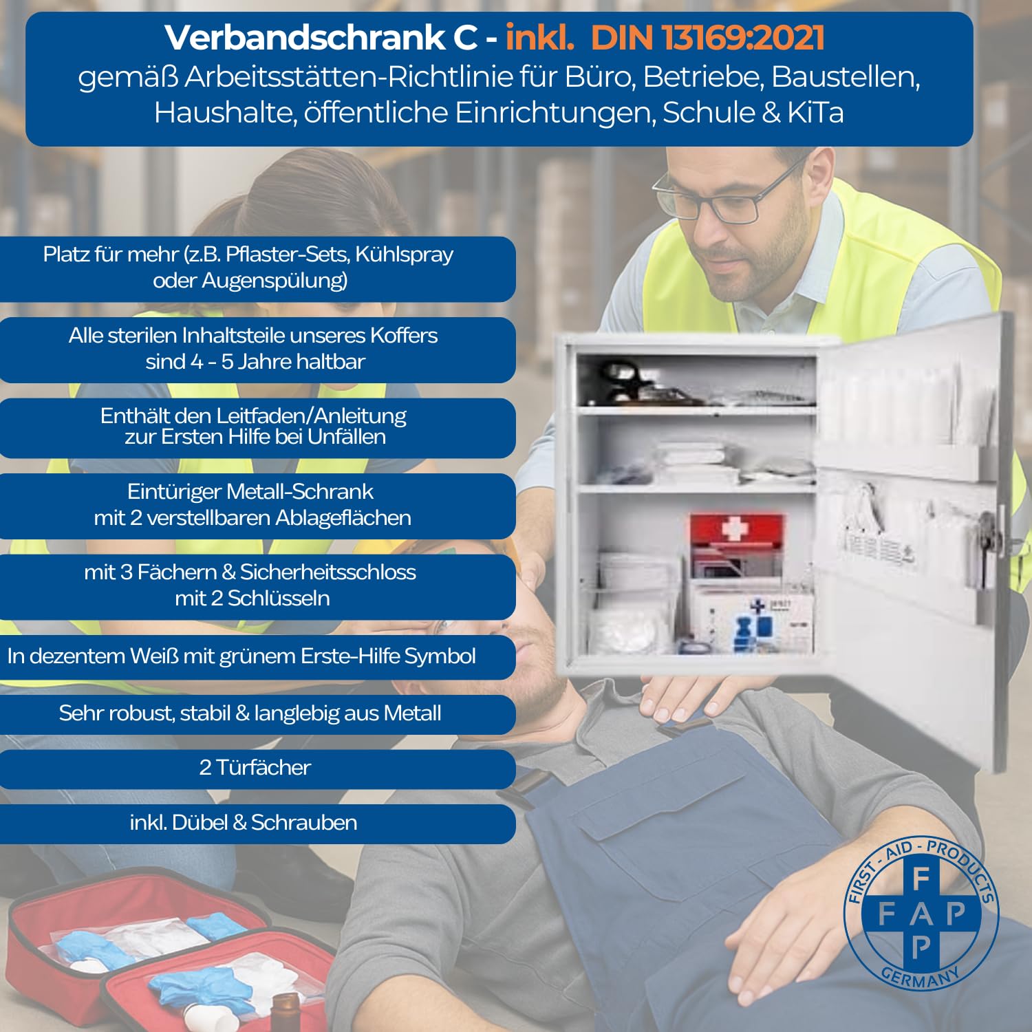 First Aid Products Verbandschrank C – inkl. DIN 13169 Füllung – Medizinschrank Metall, 3 Ablagefächer (2 verstellbar) + 2 Türfächer - Sicherheitsschloss - robust & wandmontierbar – 48,5 x 40 x 20 cm