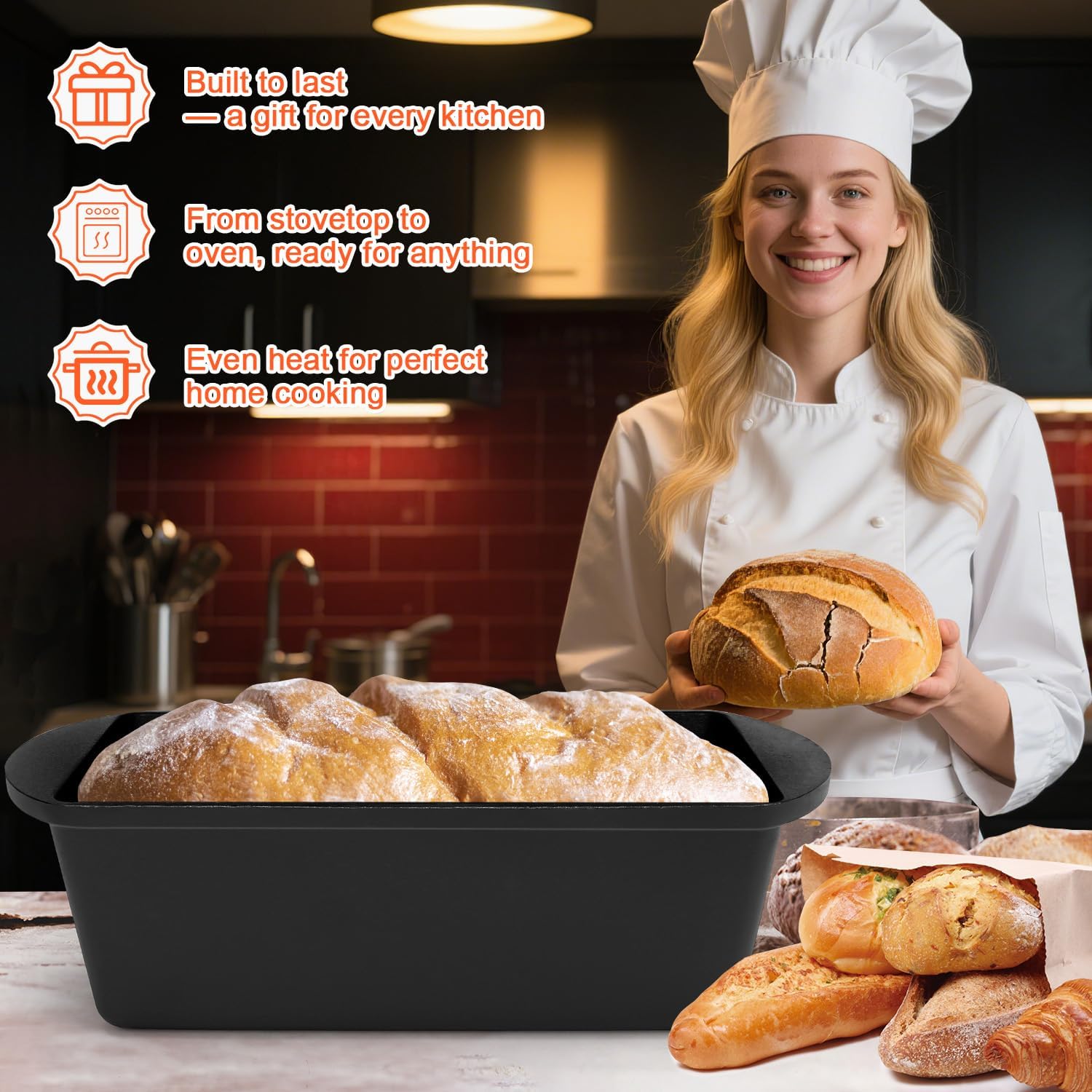 GFTIME Casseruola in Ghisa 36cm per Pane, con Coperchio - Robusta e Ideale per Pane