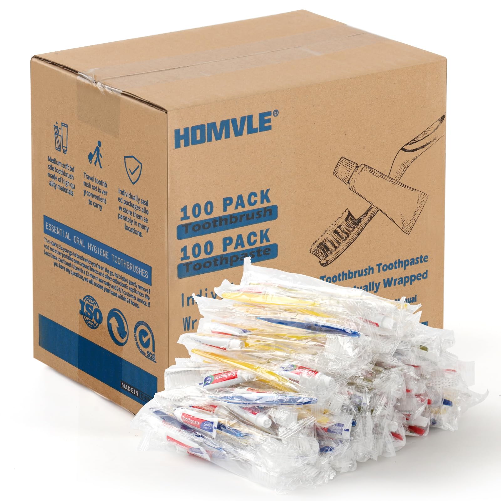 Homvle 100 Packs Disposable Toothbrushes with Toothpaste, Individually Wrapped Travel Toothbrush and Toothpaste Buld for Travel Size Toiletries, OCC,