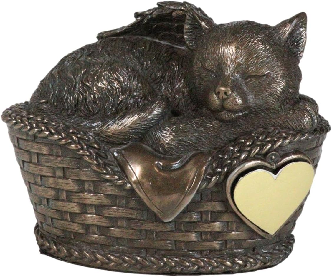 Ebros Heavenly Angel Cat Sleeping in Wicker Bed Basket Cremation Urn Pet Memorial Statue Decor Figurine 6.5 Inch Long