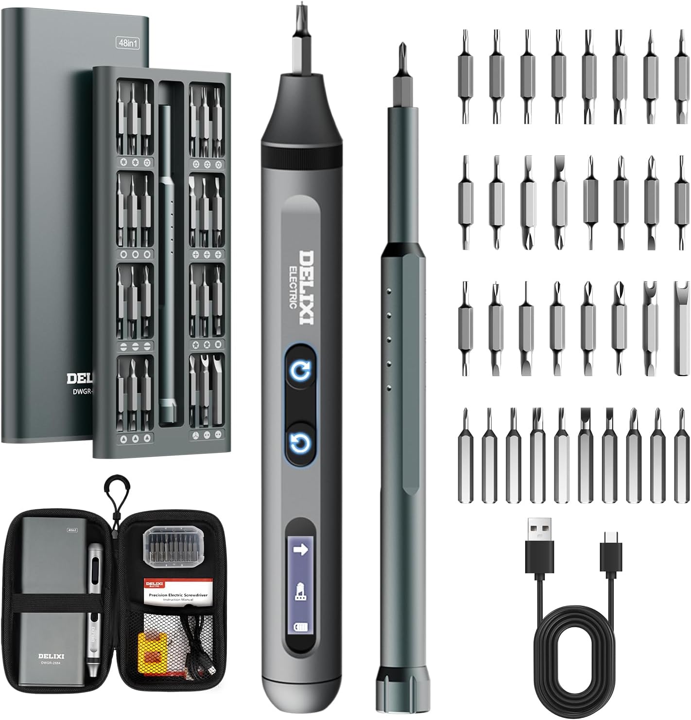 3.7V Electric Screwdriver Kit, 48-in-1 Dual-Head Precision Screwdriver Set with Manual and 170 RPM Electric Screwdriver, USB Rechargeable, Ideal for Precision Electronics Repair