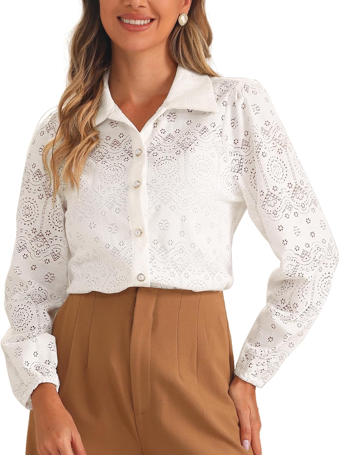 Allegra K Women's Elegant Eyelet Top Casual Work Long Sleeve Hallow Out Lace Sheer Button Down Shirt