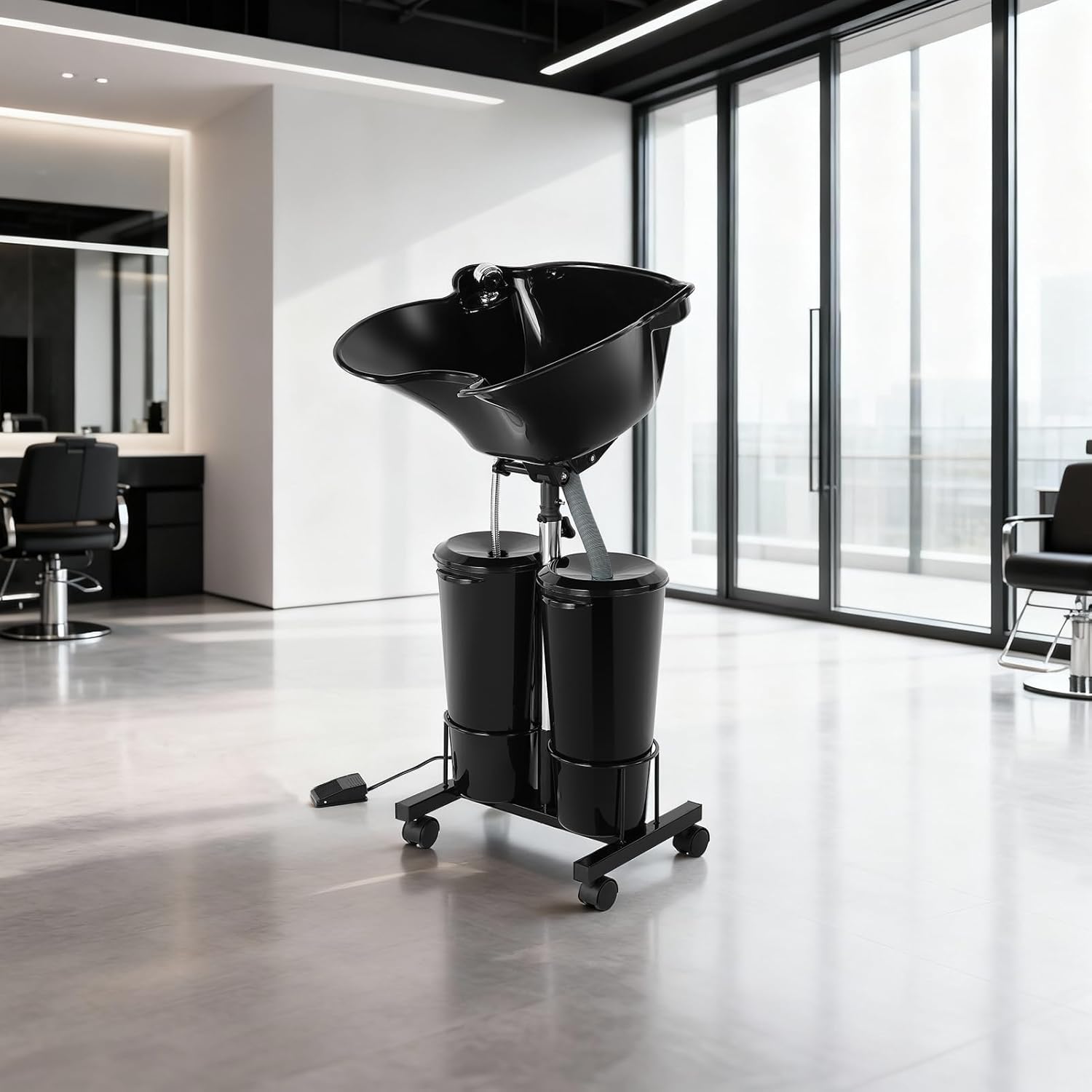 Portable Shampoo Bowl Unit Height Adjustable with 2 Bucket Hair Washing Station with Electric Pump and Drain Hoses, 270 Degree Rotation of Shampoo Basin Barber and Stylist Hair Salon Accessories