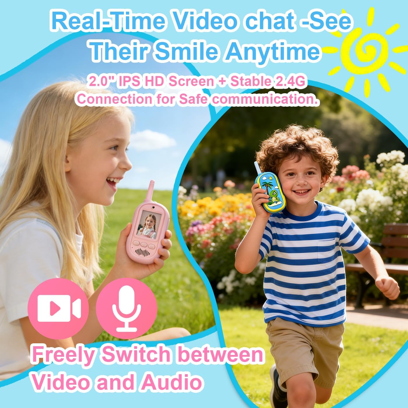 2PCS Video Walkie Talkies for Kids Camping Toys Spy Gear Outdoor Games for Family Hide and Seek Spy Role Play ABS Rechargeable Long-Range HD Camera Voice Changer Toy - Blue/Pink 136x56x26mm