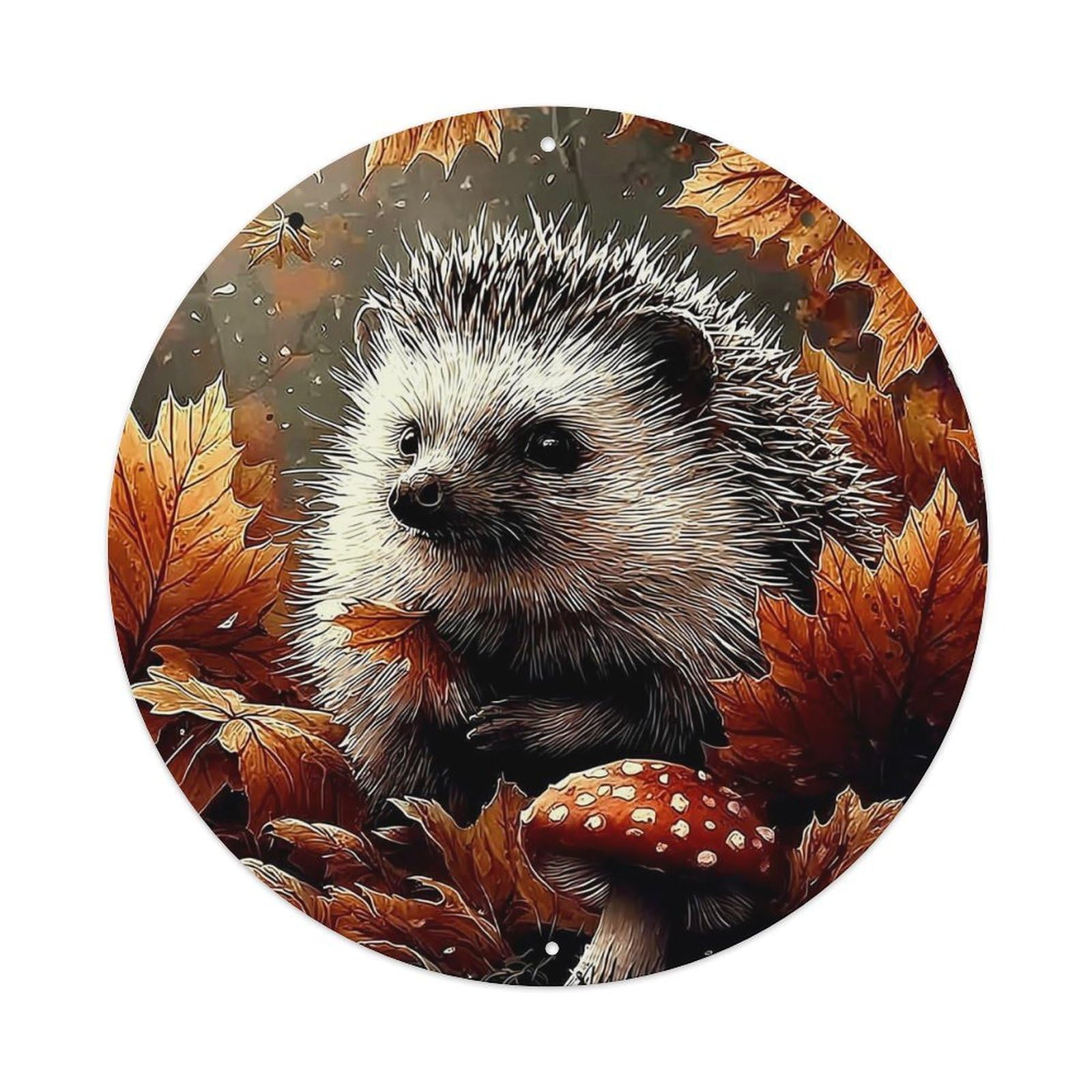 Hedgehog In Autumn Leaves Scene Vintage Metal Tin Sign Retro Wall Decor for Home Bar Garage Cafe, Indoor & Outdoor Decorative，circle Metal Poster, 8x8 Inch