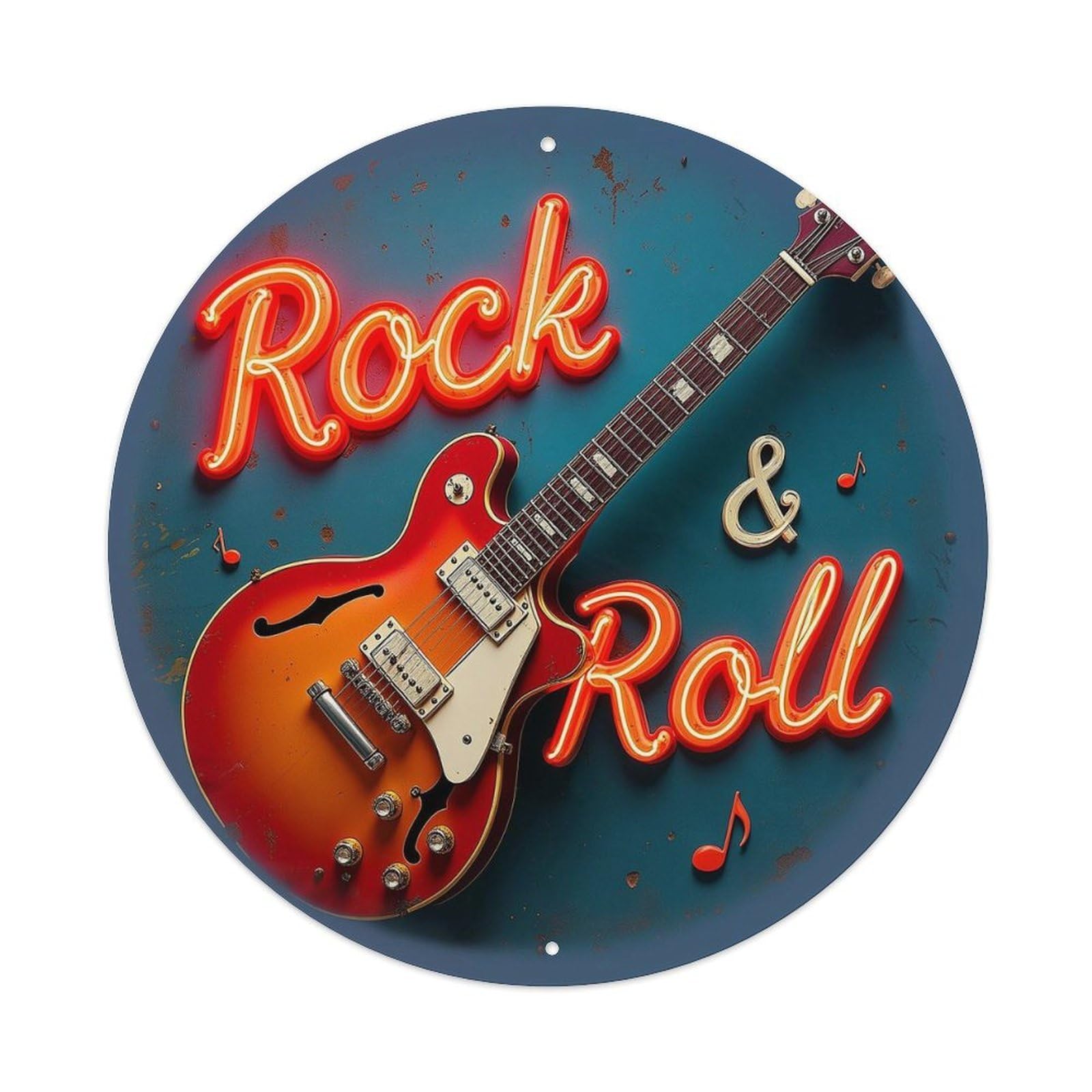 Rock And Roll Guitar Music Round Tin Sign Vintage Metal Sign Home Bar Garden Indoor & Outdoor Wall Decor Retro Metal Poster 8x8 Inch