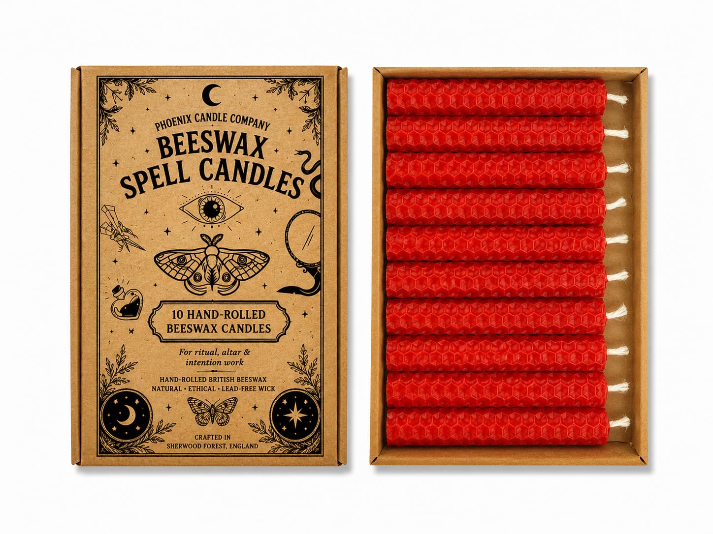 10 Hand Rolled Beeswax Spell Candles 10cm x 2cm | Natural Ritual Candles | Colour Choice | Wicca, Pagan, Meditation, Altar, Witchcraft | Phoenix Candle Company (Red)