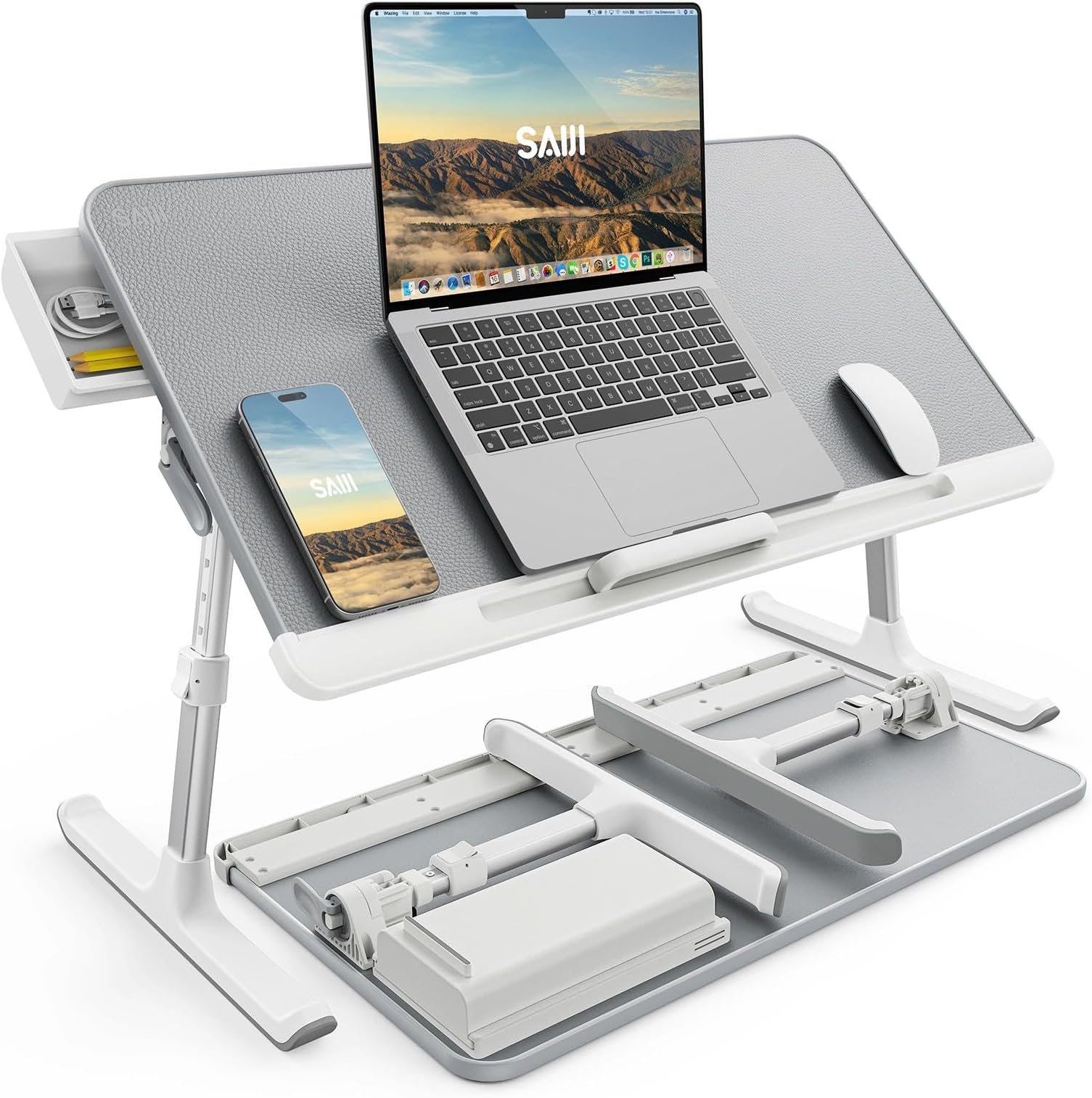 SAIJI Laptop Bed Table, Adjustable PVC Leather Laptop Table, 4 Heights & 4 Angles,Portable Large Desk with Storage Drawer,Foldable Perfect Desk for Work, Study, Reading & More - Grey (33x60 cm)