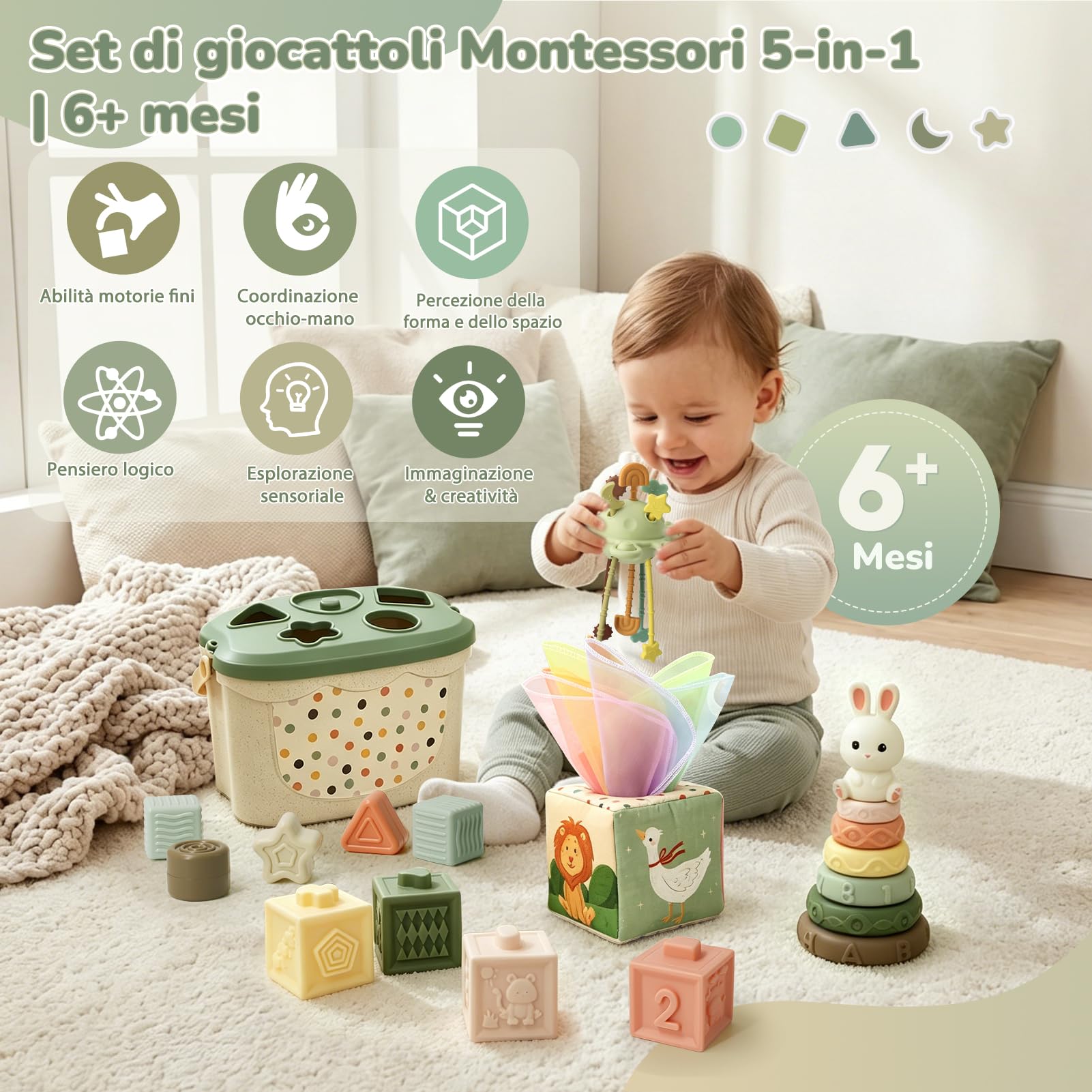 5 in 1 Giochi Montessori 6 Mesi – Giochi Neonato 6-9 Mesi con Scatola di Fazzoletti Montessori, Giocattoli Impilabili, Giocattolo di Classificazione, Tirare la Corda | Regalo Bambino 8 9 12 Mesi