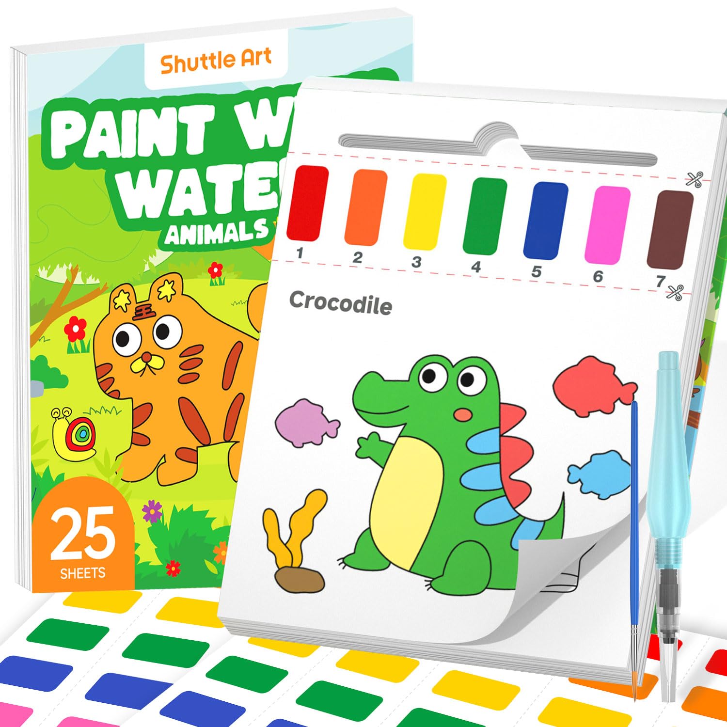 Shuttle Art Paint with Water Coloring Book for Kids, 25 Animals Themed Pages with 2 Brushes, Mess-Free Watercolor Paint Set, Travel-Friendly Art Craft Gift for Toddlers, Birthday Christmas Gift