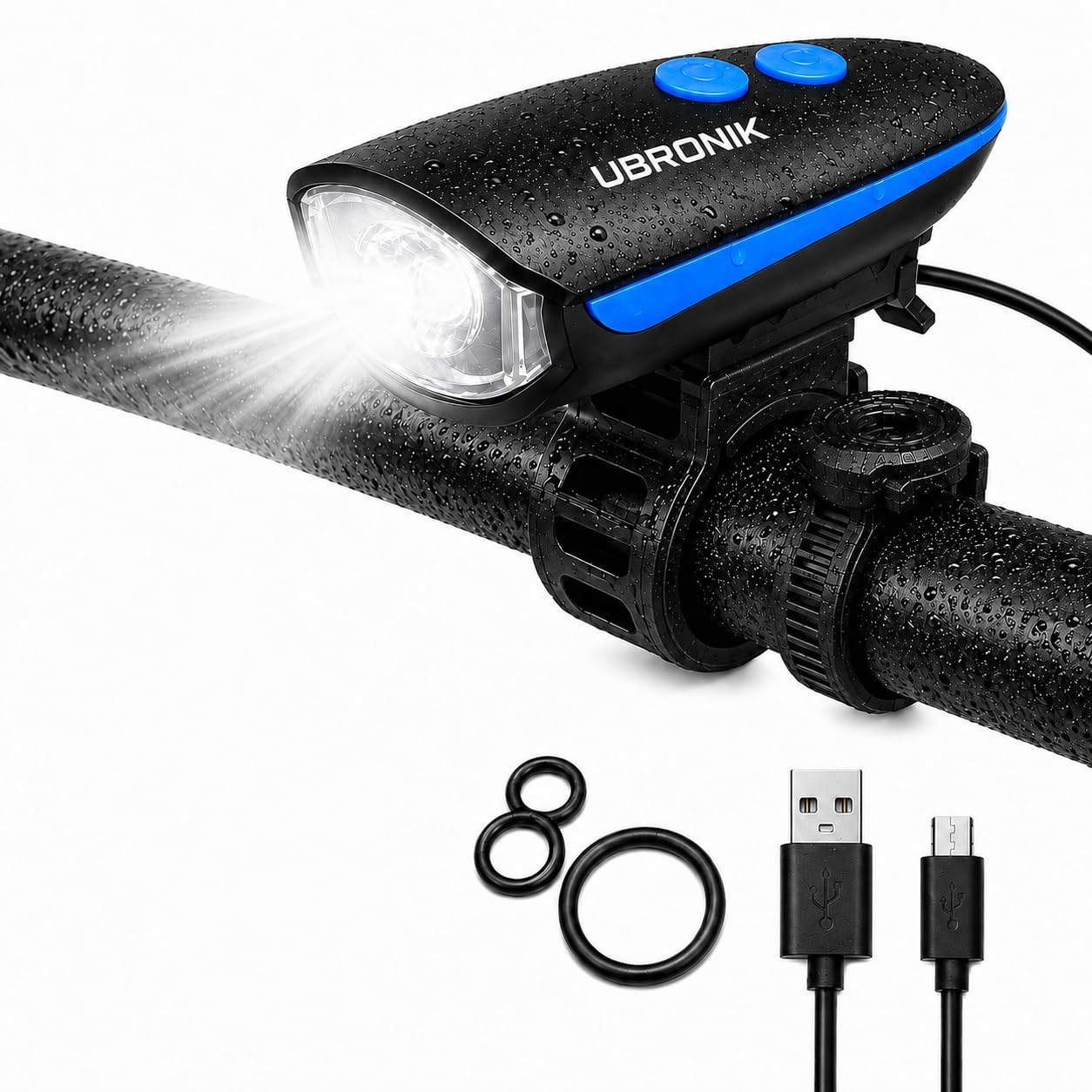 Bicycle Front Light with Horn, USB Rechargeable, 250 Lm, 140 Decibel, Blue and Black, ABS, 3 Flash Modes, 1200mAh Battery-image-27