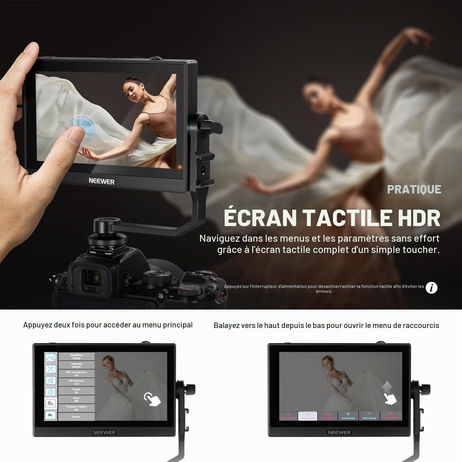 NEEWER F500 Moniteur Champ de Caméra 5.5" Écran Tactile HDR LUT 3D Forme d'onde Portée Vectorielle Full HD 1920x1080 IPS 4K HDMI Boucle Entrée/Sortie DSLR Vidéo Peaking Focus Assist Batterie