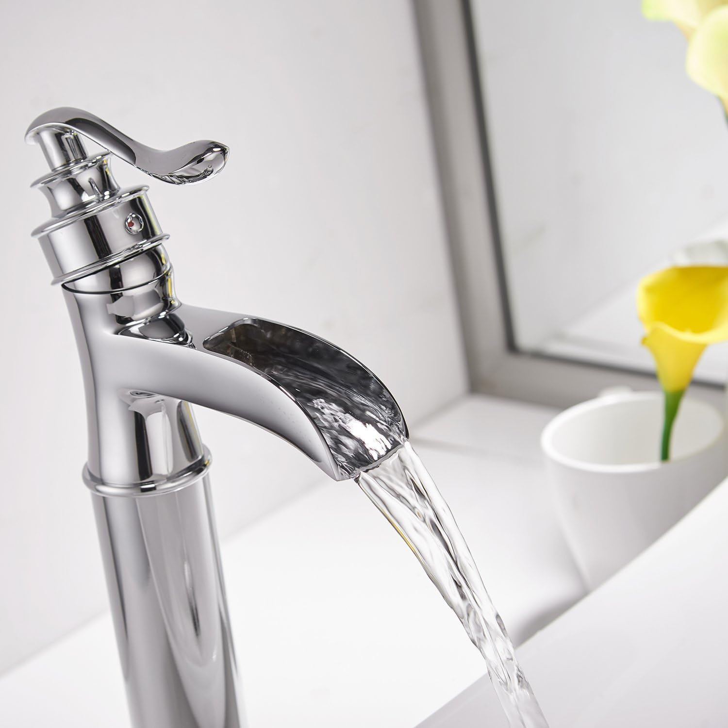 🔥 Bathfinesse Waterfall Bathroom Faucet Vessel Sink Vanity Bath Single Handle Single Hole Commercial with Pop Up Drain Stopper Supply Lines Hose Lead-Free,Chrome,6656H-C-1