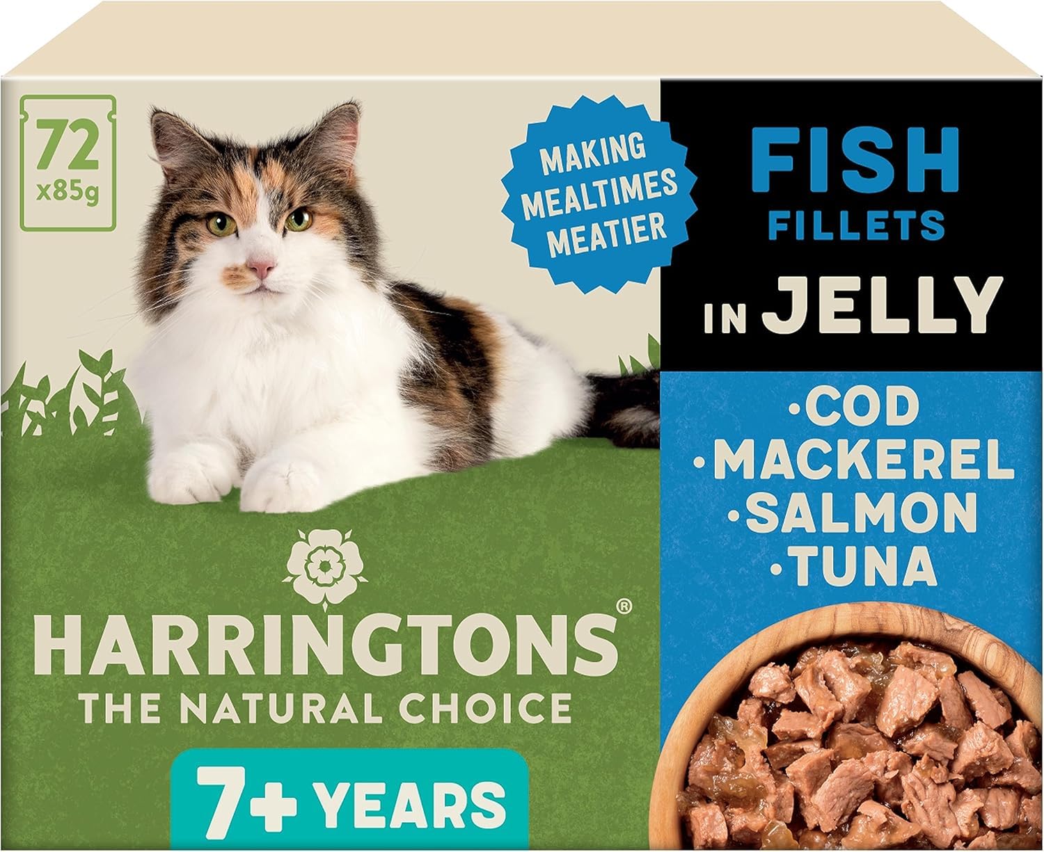 Harringtons Complete Wet Pouch Grain Free Hypoallergenic Senior Cat Food Fish in Jelly Pack 72x85g - Cod, Mackeral, Salmon & Tuna - Making Mealtimes Meatier