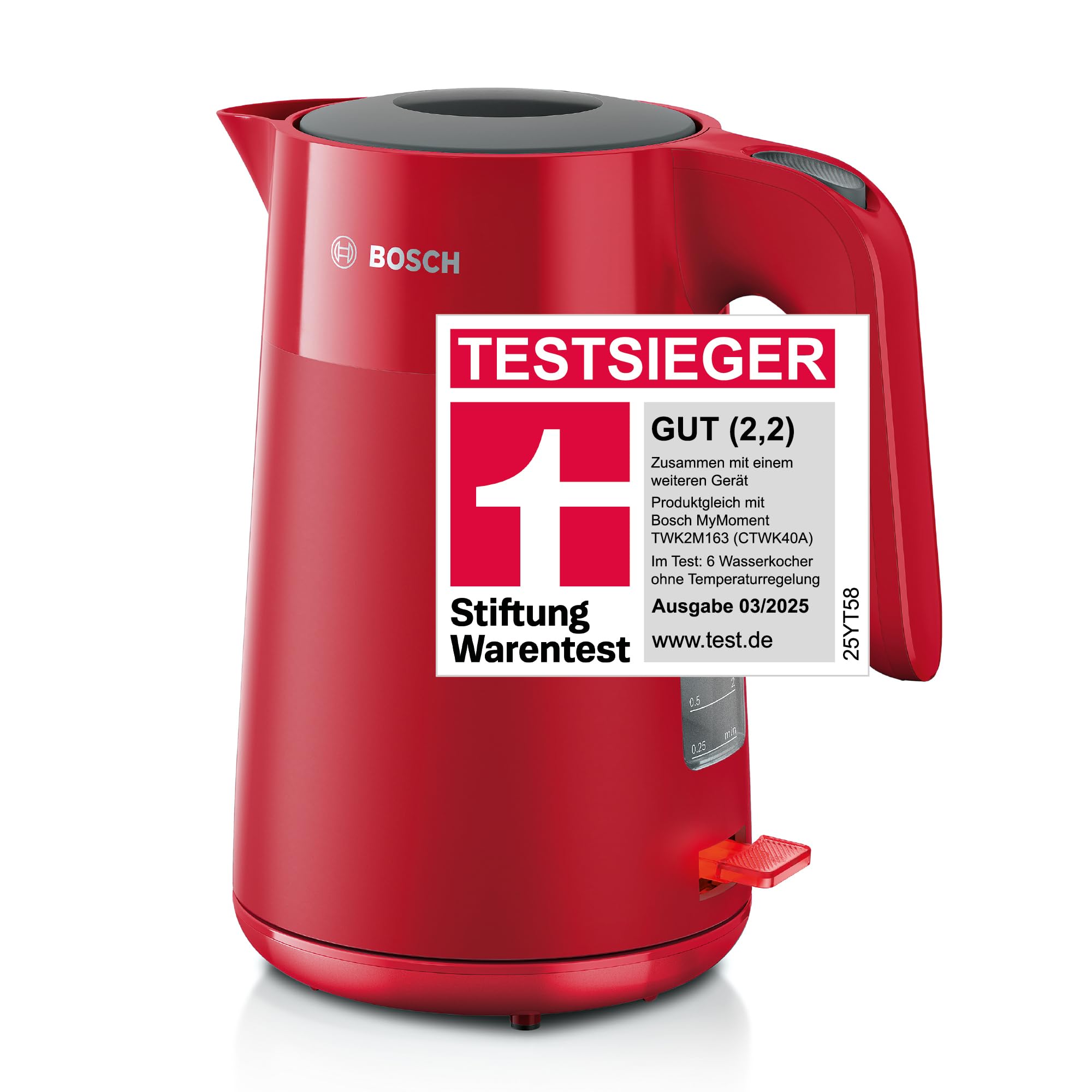 Bosch MyMoment TWK2M164 – kabelloser Wasserkocher, 1,7 L, 2400 W, Rot matt